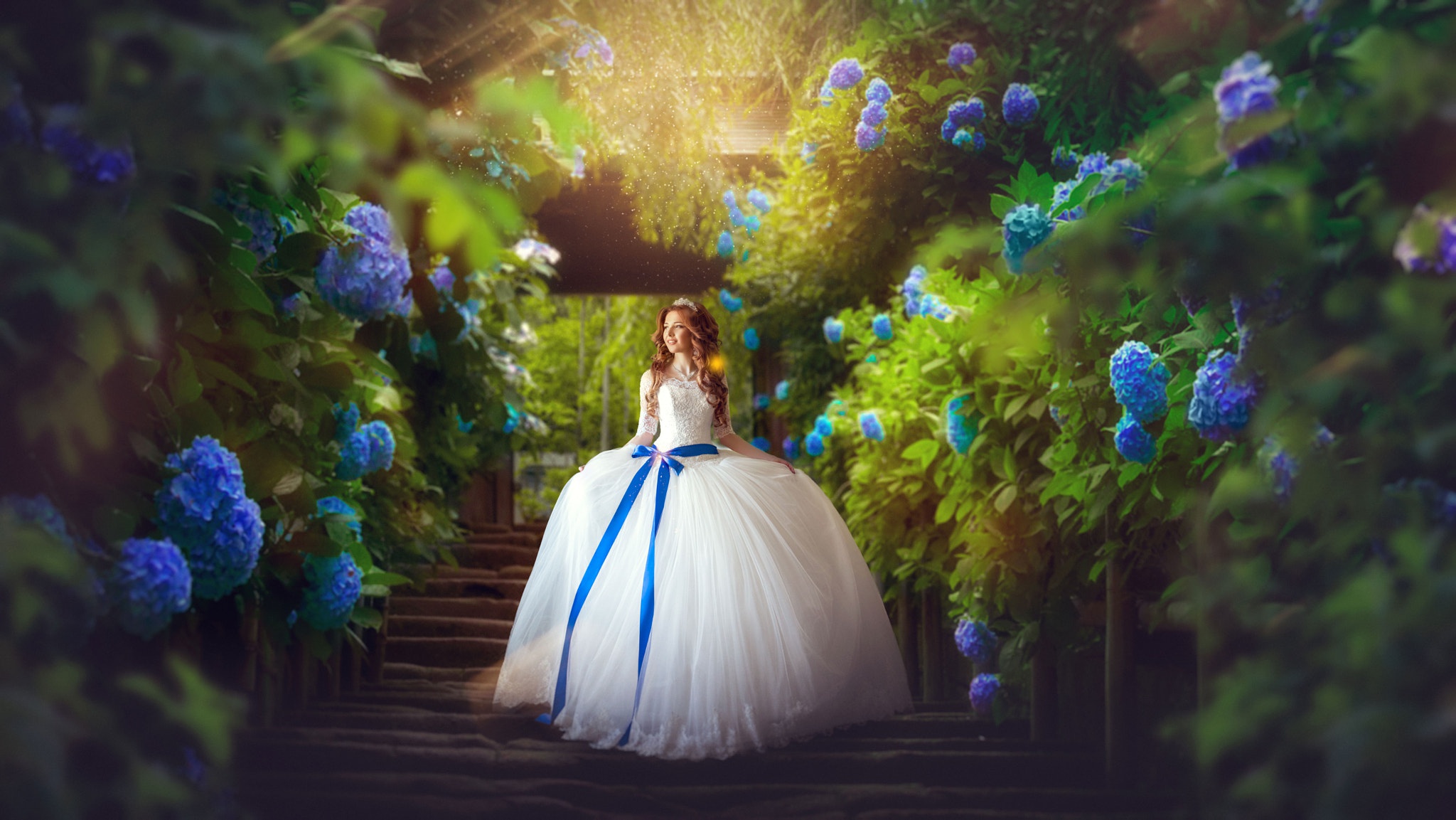 Blue Flower Bride Flower Girl Hydrangea Redhead Wedding Dress White Dress 2048x1153