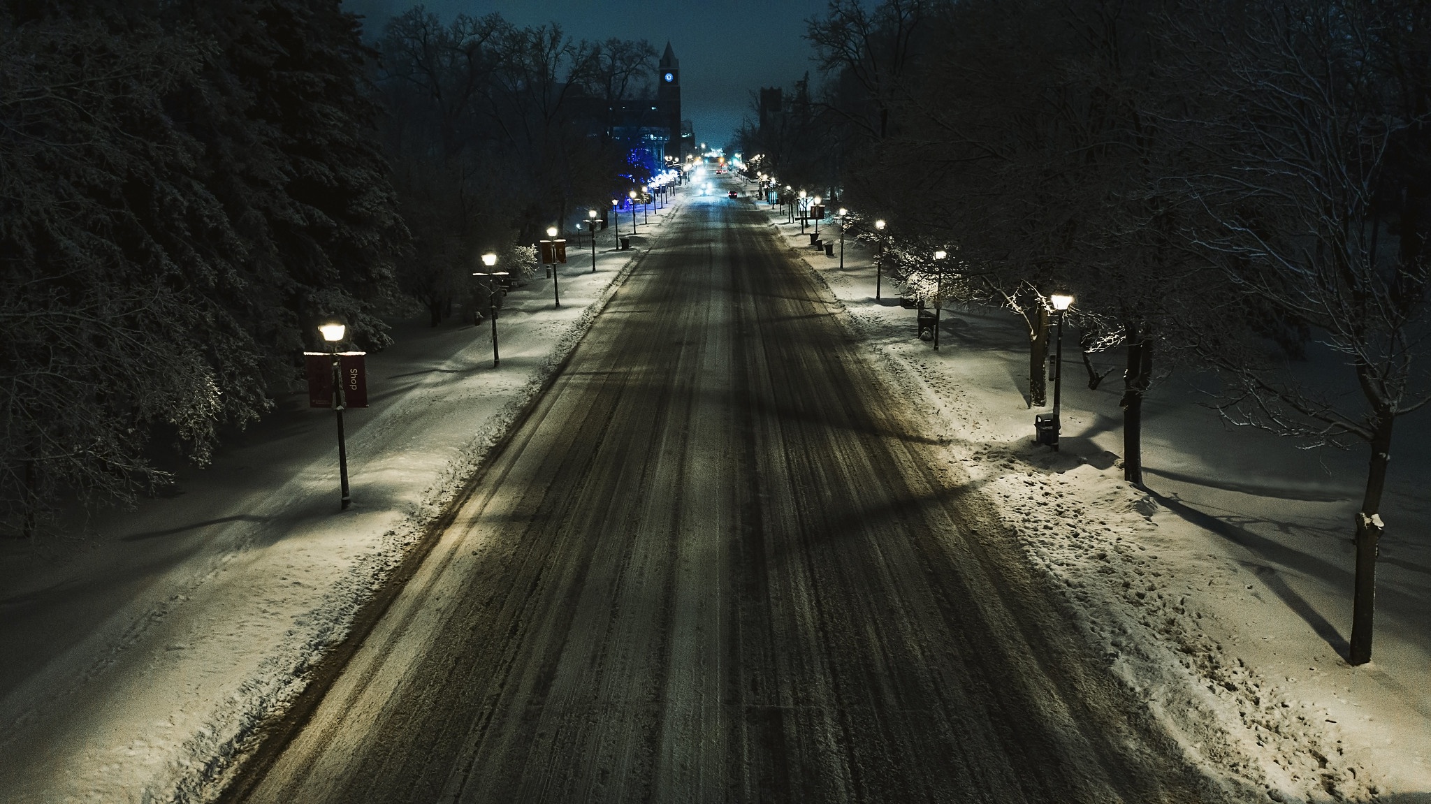 Lamp Post Night Road Snow Winter 2048x1151