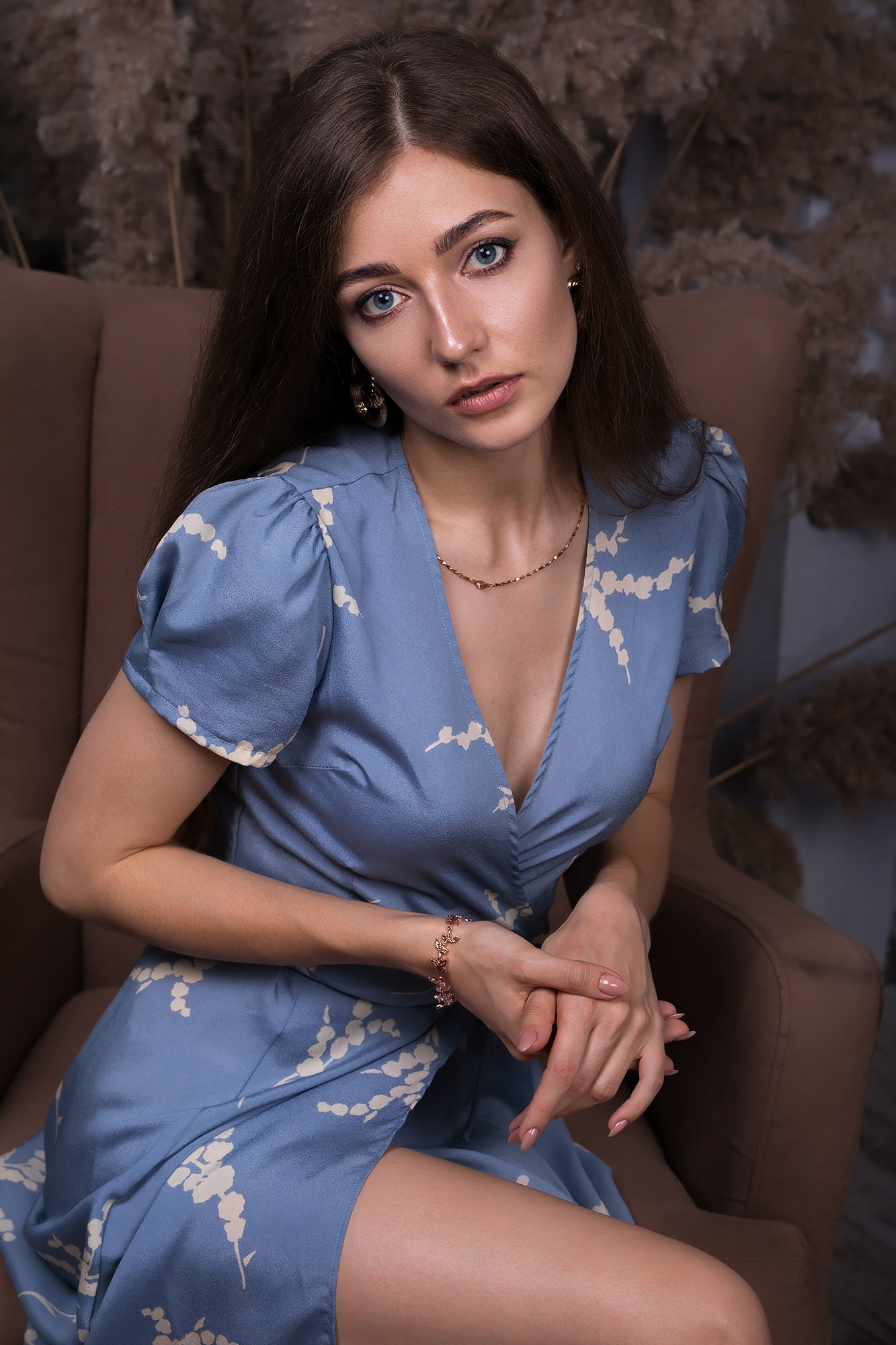 Dmitry Shulgin Women Brunette Long Hair Straight Hair Dress Blue Clothing Makeup Dmitry Sn Blue Eyes 1333x2000