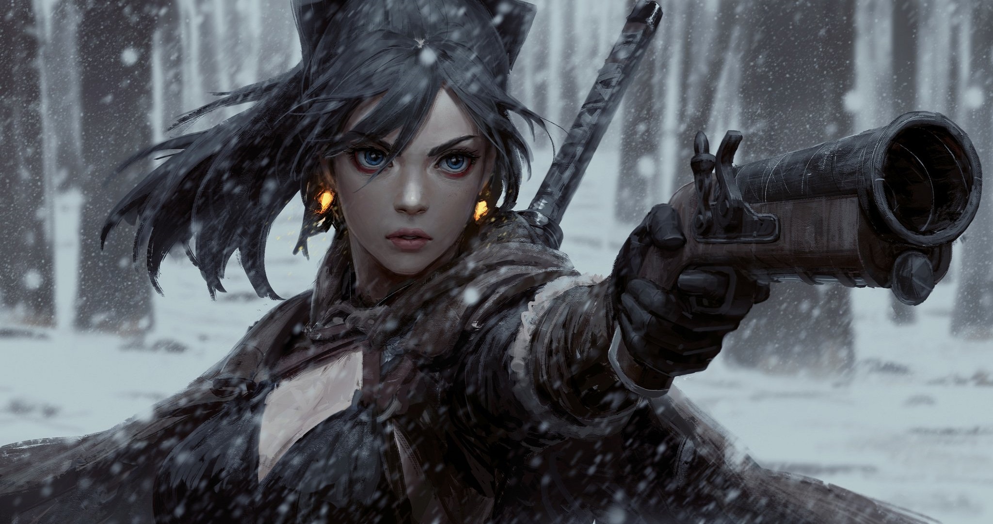 Black Hair Blue Eyes Cape Earrings Flintlock Girl Glove Gun Katana Pistol Snow Snowfall Weapon Winte 2048x1080