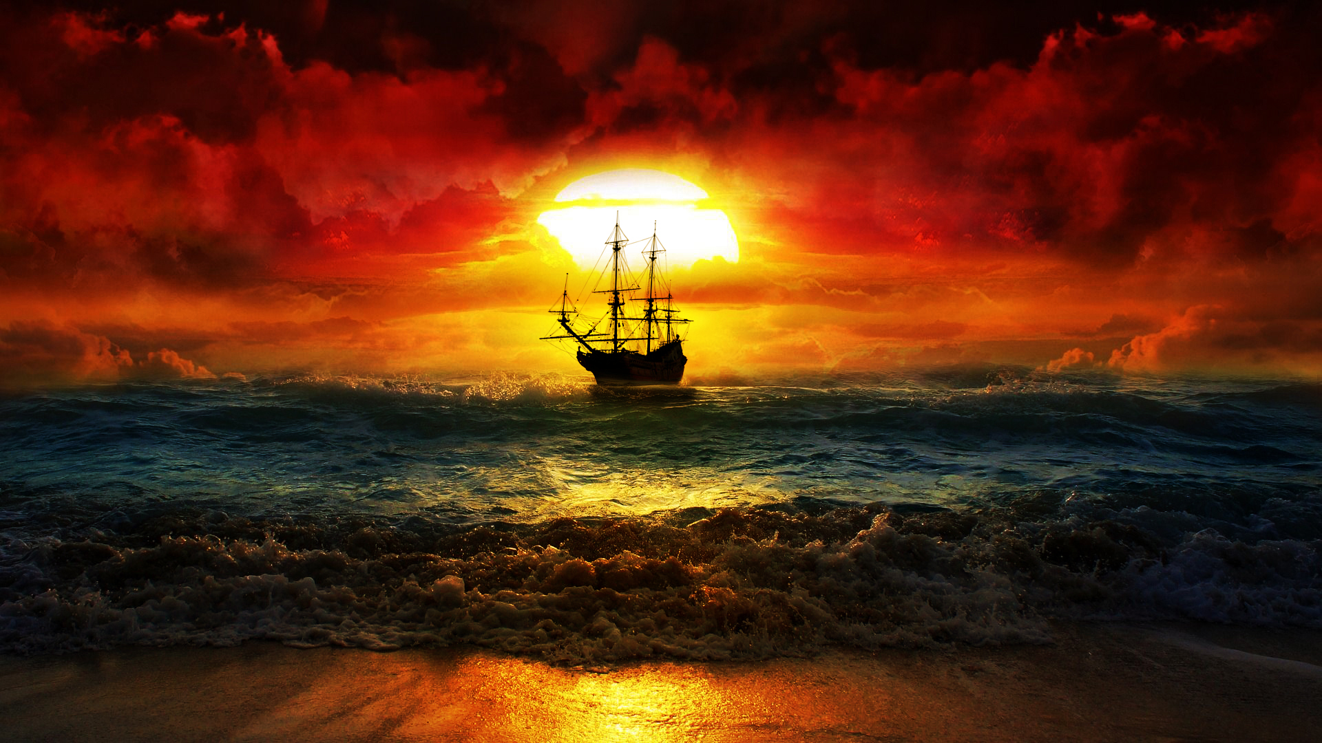 Sailing Sailing Ship Boat Ship Ocean View Waves Sunset Sun Rays Rigging Ship Sun Sky Dark Sea Red Or 1920x1080