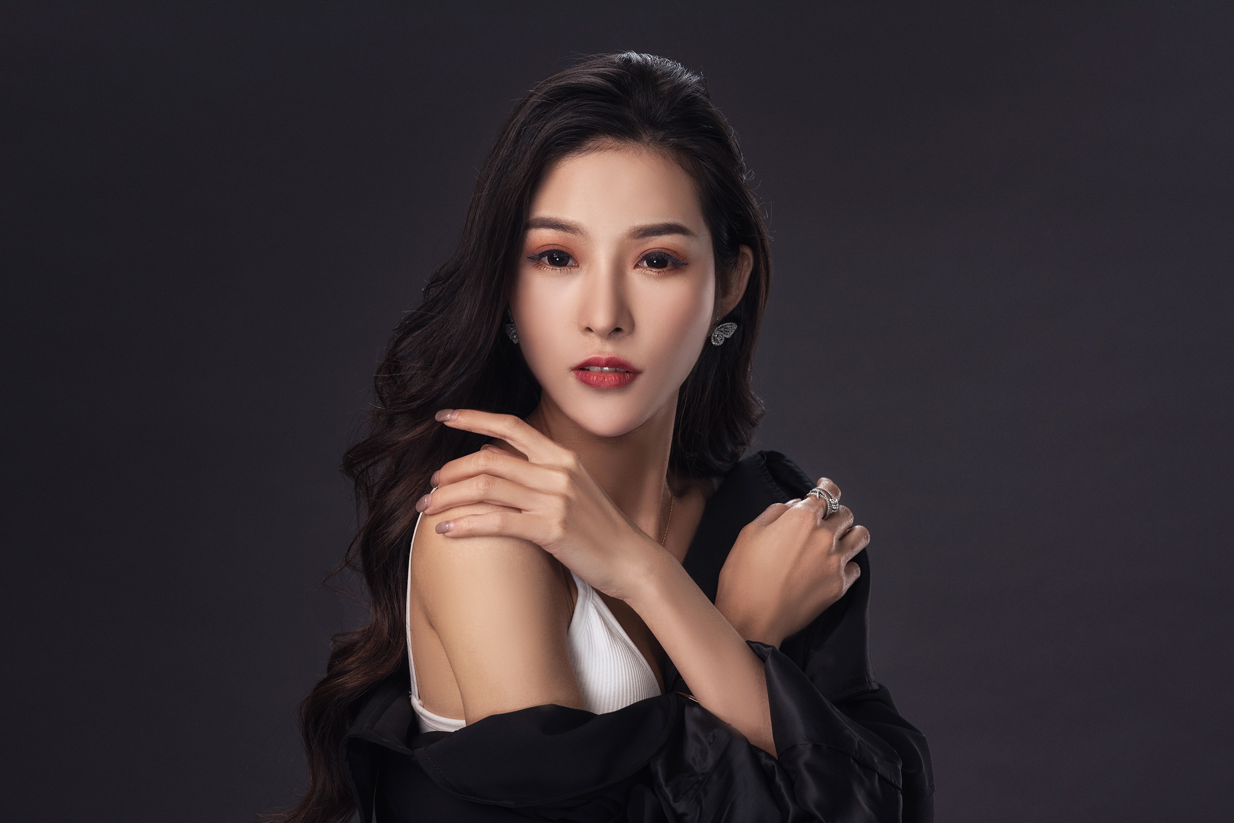 Asian Model Women Long Hair Brunette Earring White Dress Black Scarf 4000x2667