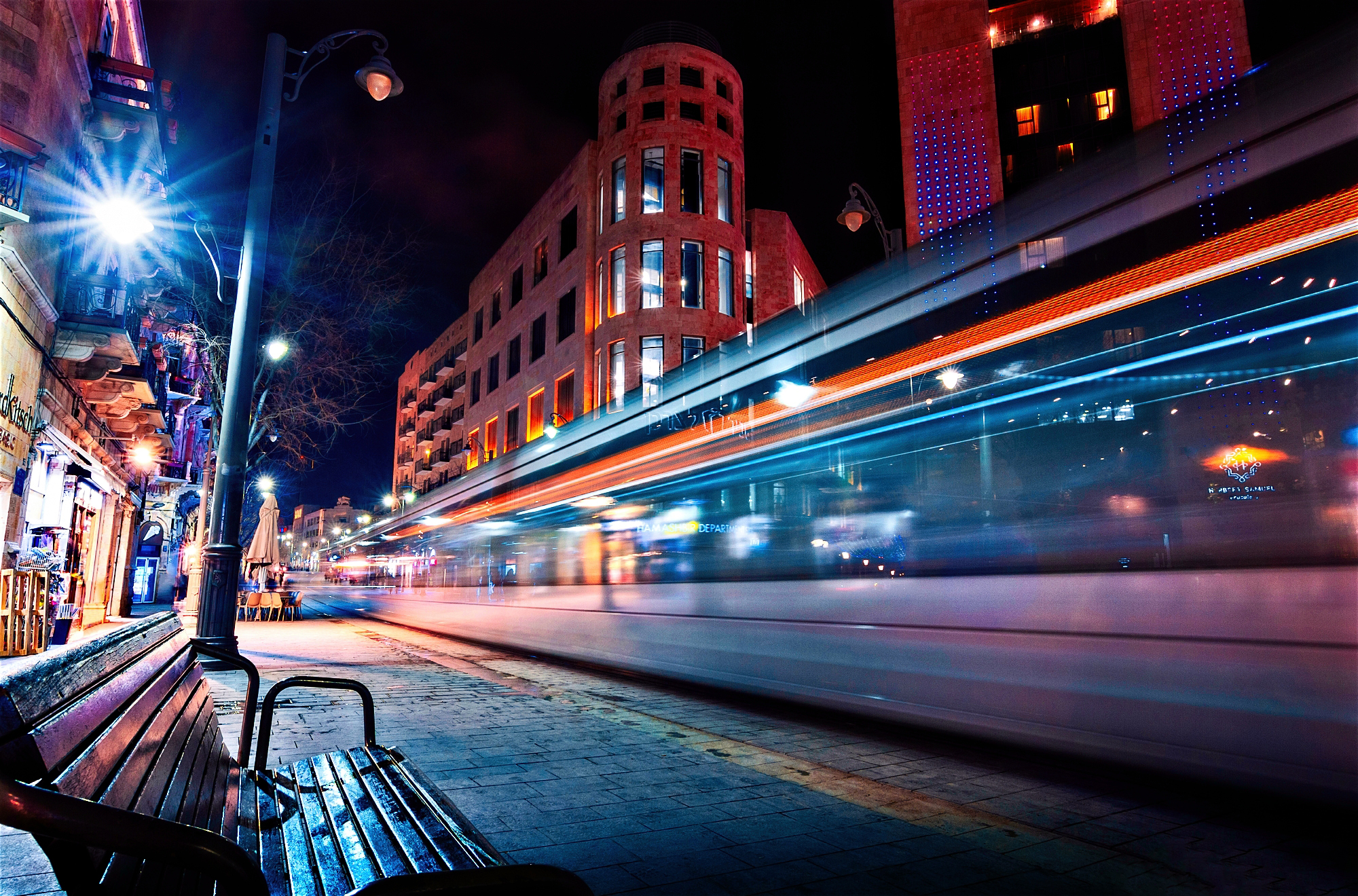 Photography Night Lights Tram Motion Blur City Cityscape Bench Building Urban 2000x1320