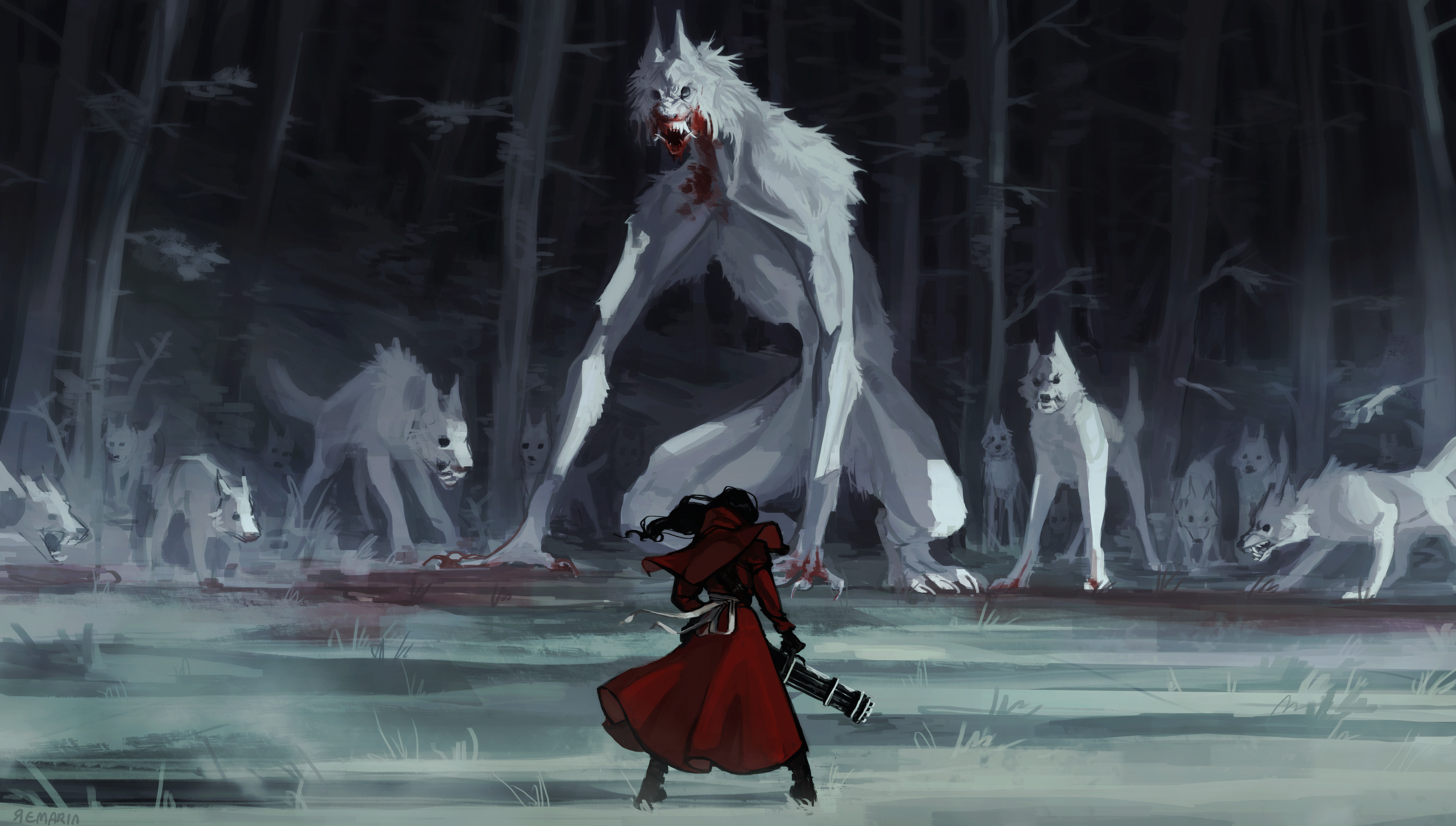 Creature Creepy Dark Girl Minigun Red Riding Hood Wolf Woman Warrior 6278x3560