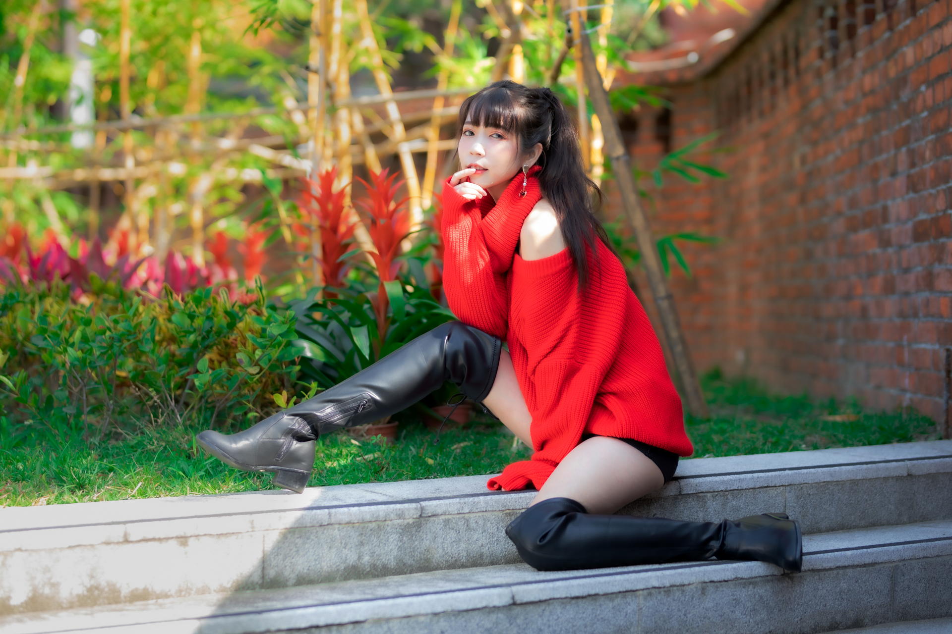Asian Model Women Long Hair Dark Hair Boots Red Pullover Wall Bricks 1920x1280