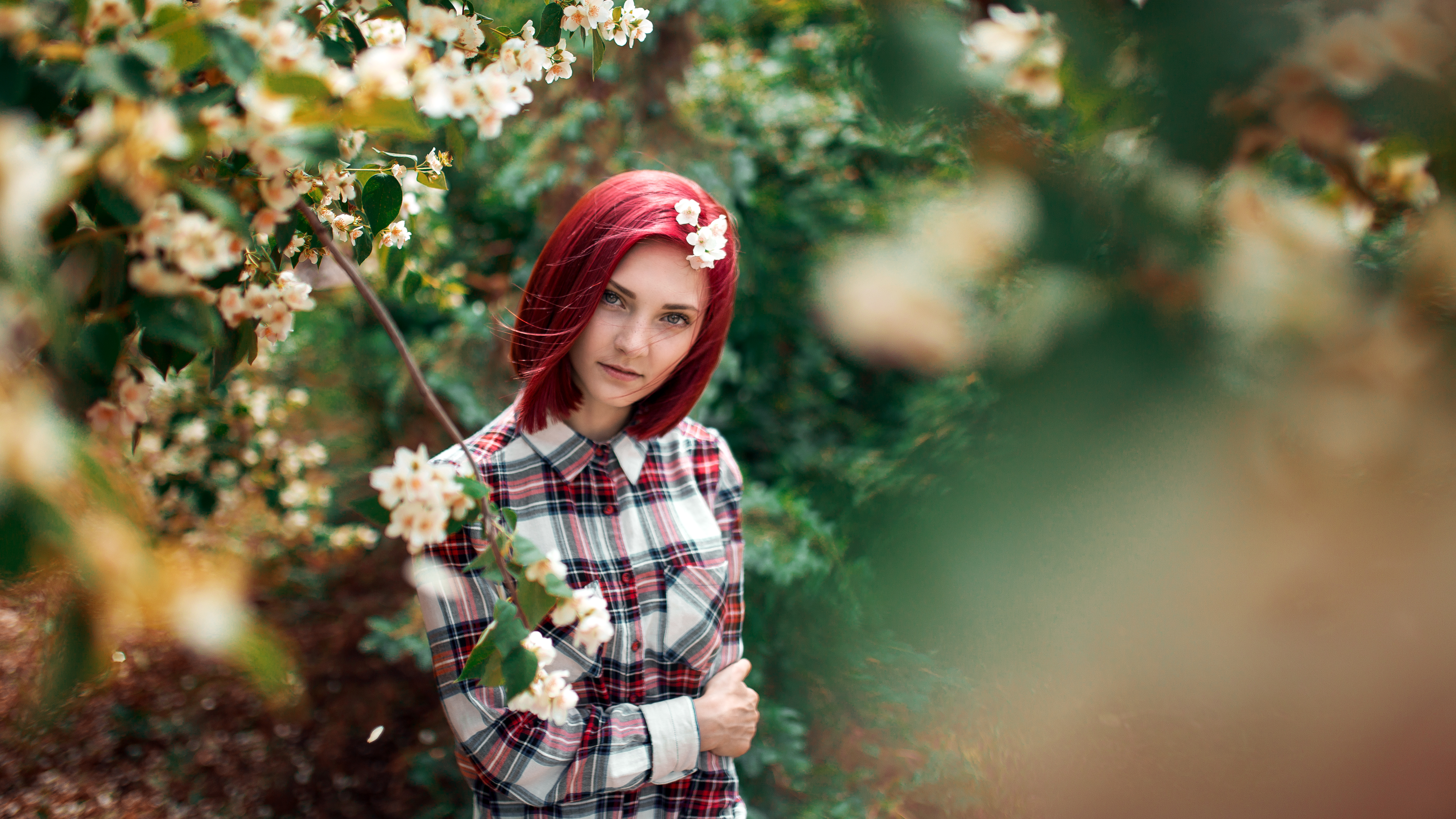 Women Maxim Gustarev Redhead Depth Of Field Looking At Viewer Flowers Freckles 5580x3139