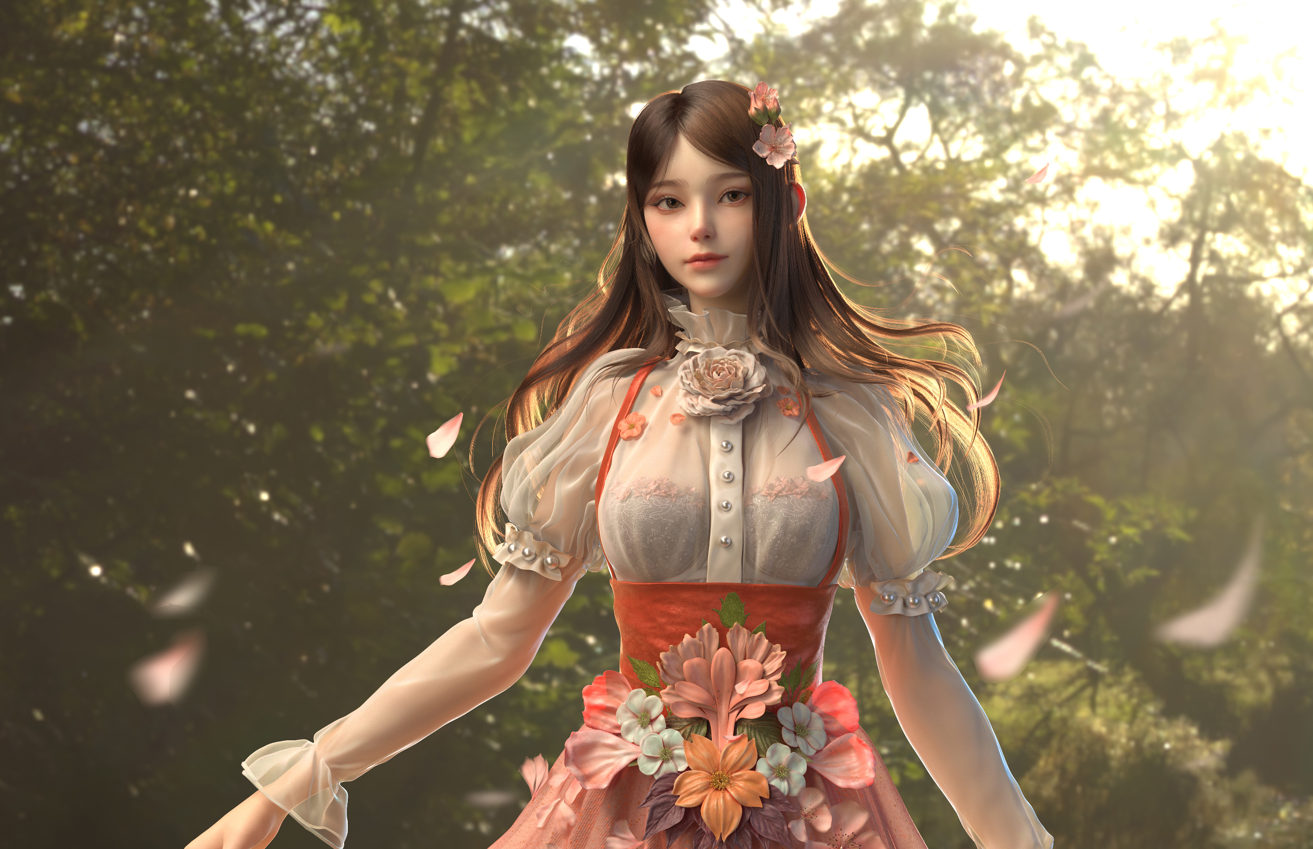 Artwork Asian Women Digital Art Long Hair Dress Women Outdoors Fantasy Art Fantasy Girl CGi Yangzhen 2560x1656