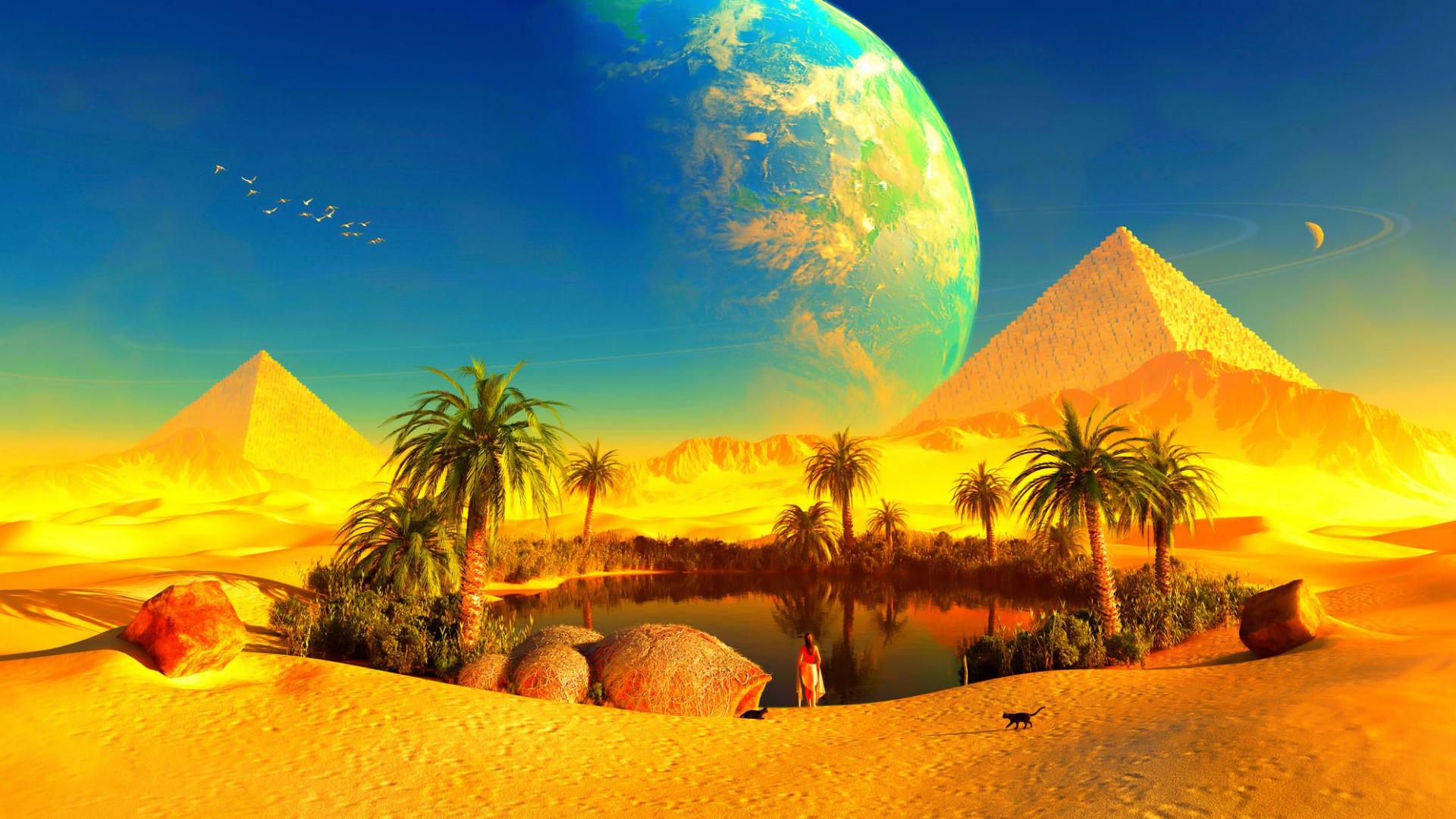 Cat Desert Oasis Planet Pyramid 1920x1080