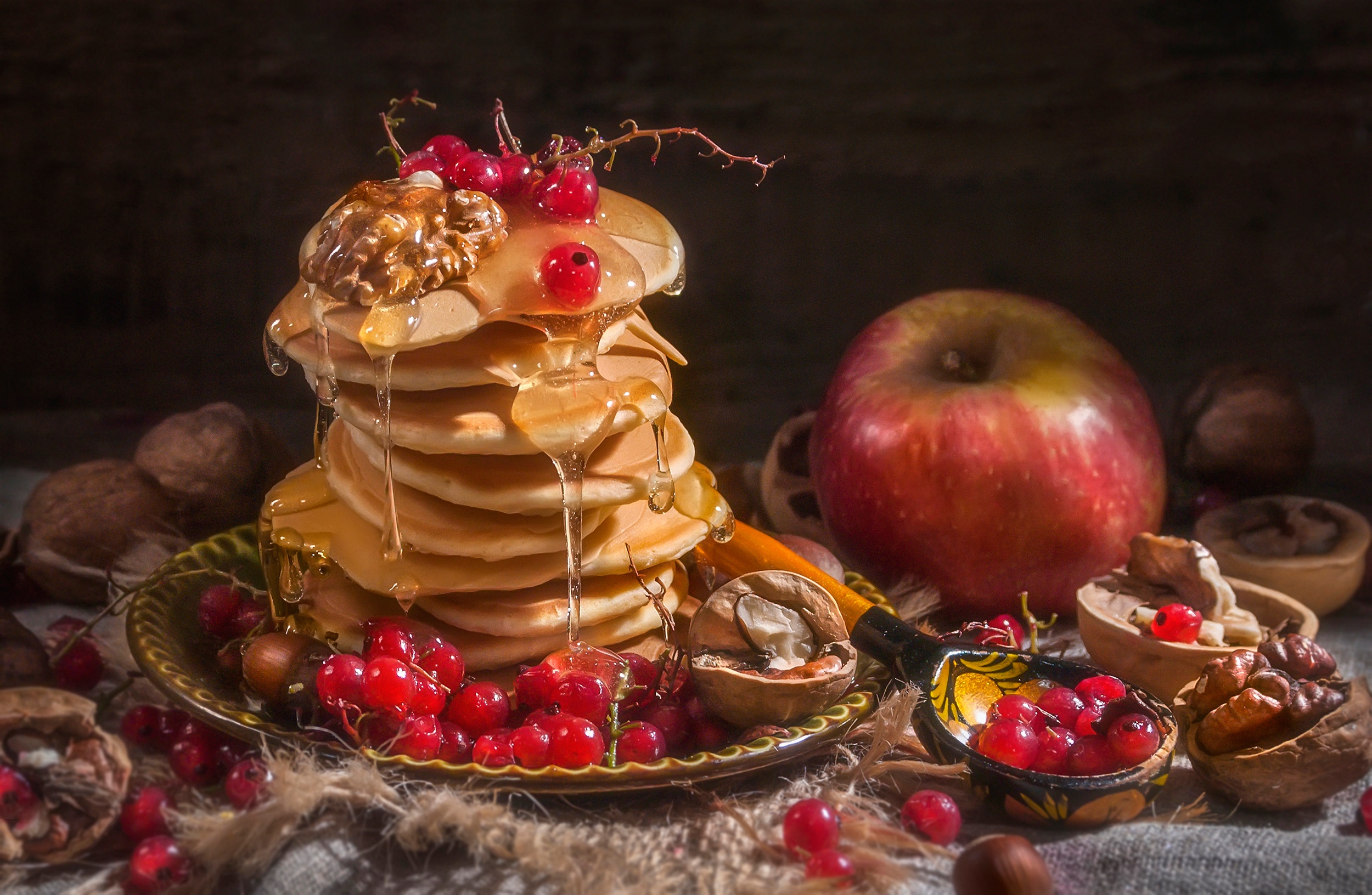 Food Sweets Pancakes Honey Apples Fruit Berries Red Currant Walnuts Syrup 2500x1632