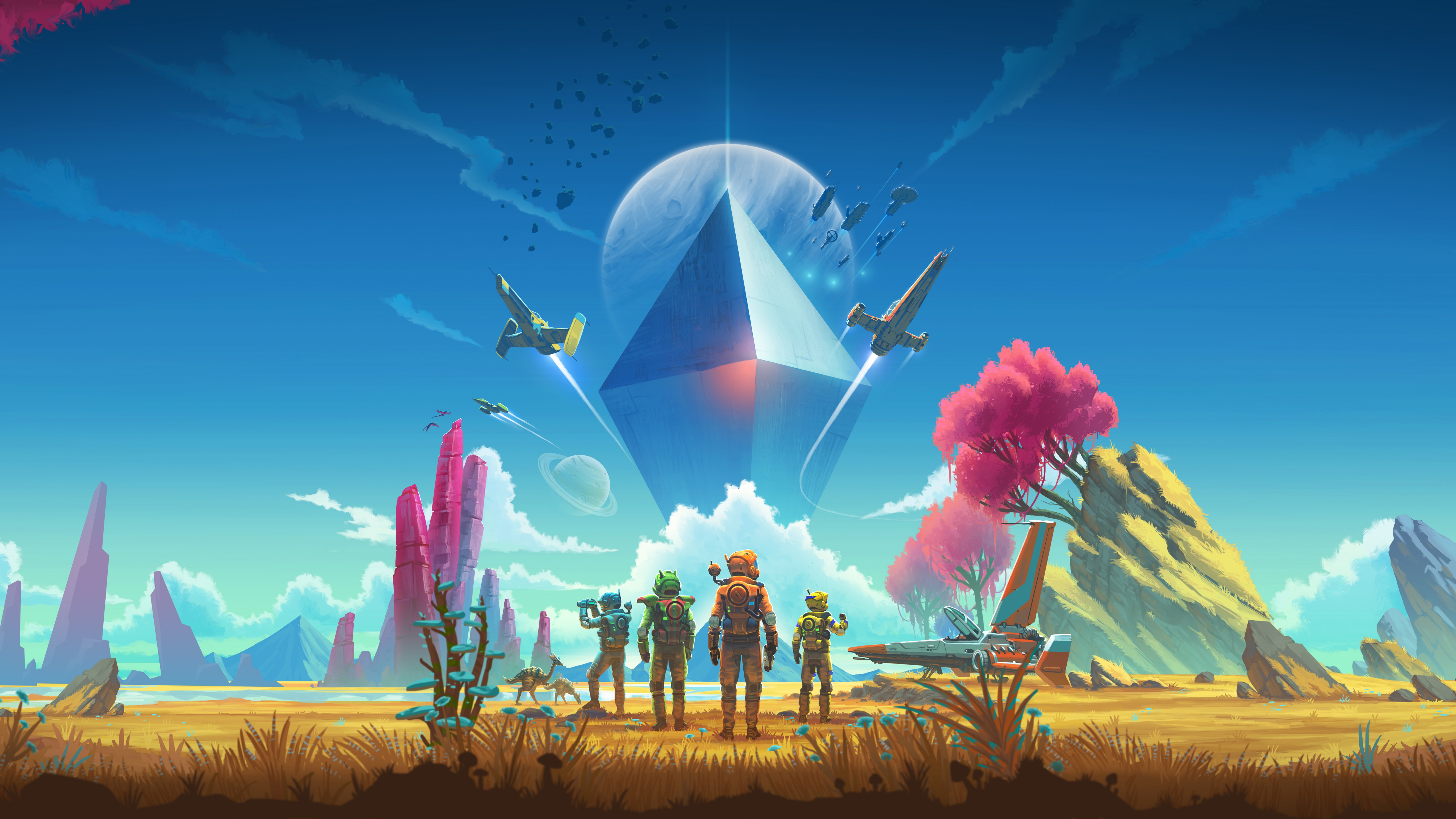No Mans Sky Centered From Behind Aircraft Geometric Figures Spacesuit Planes Planet 7680x4320
