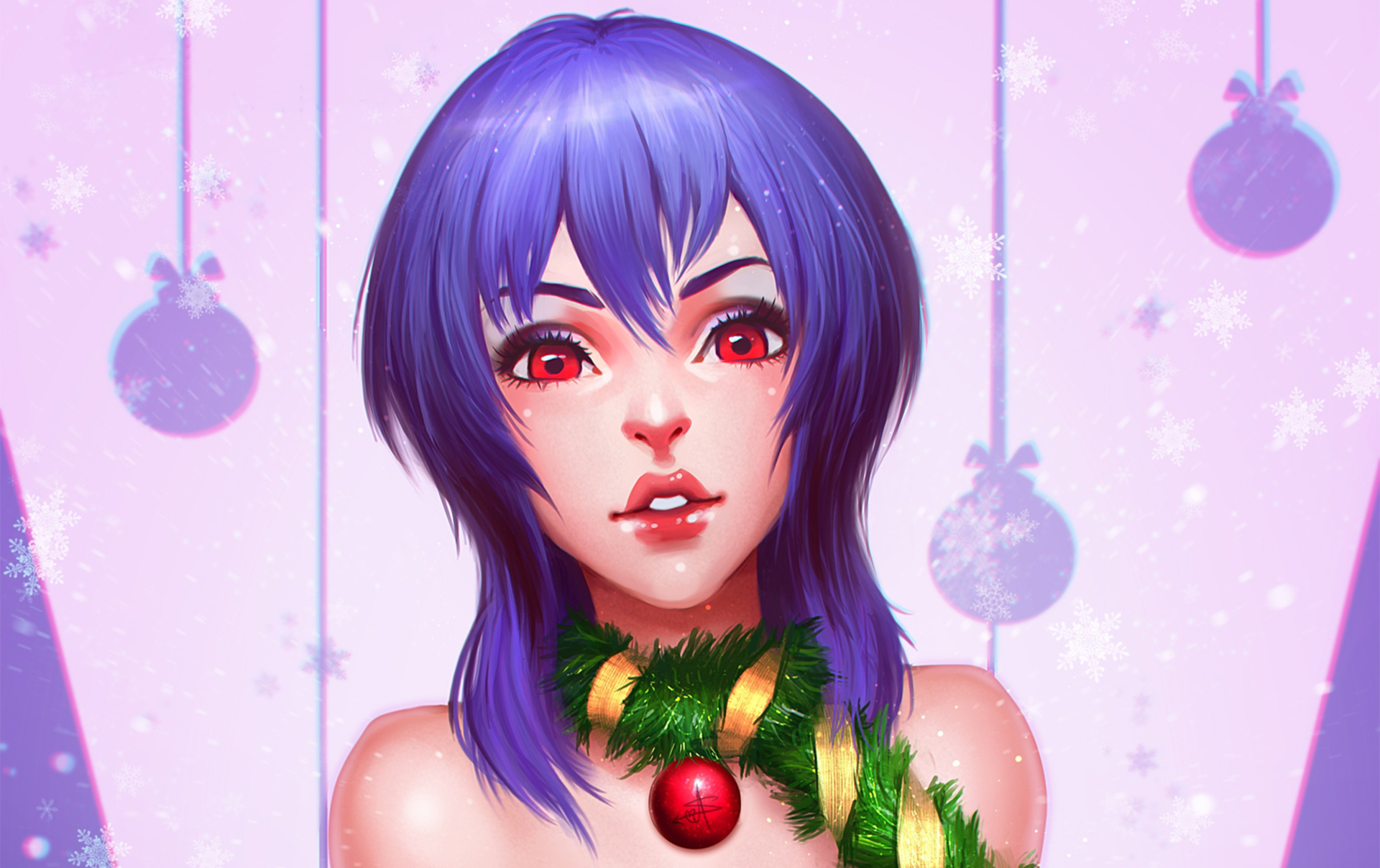 Christmas Face Girl Purple Hair Red Eyes Woman 1920x1208