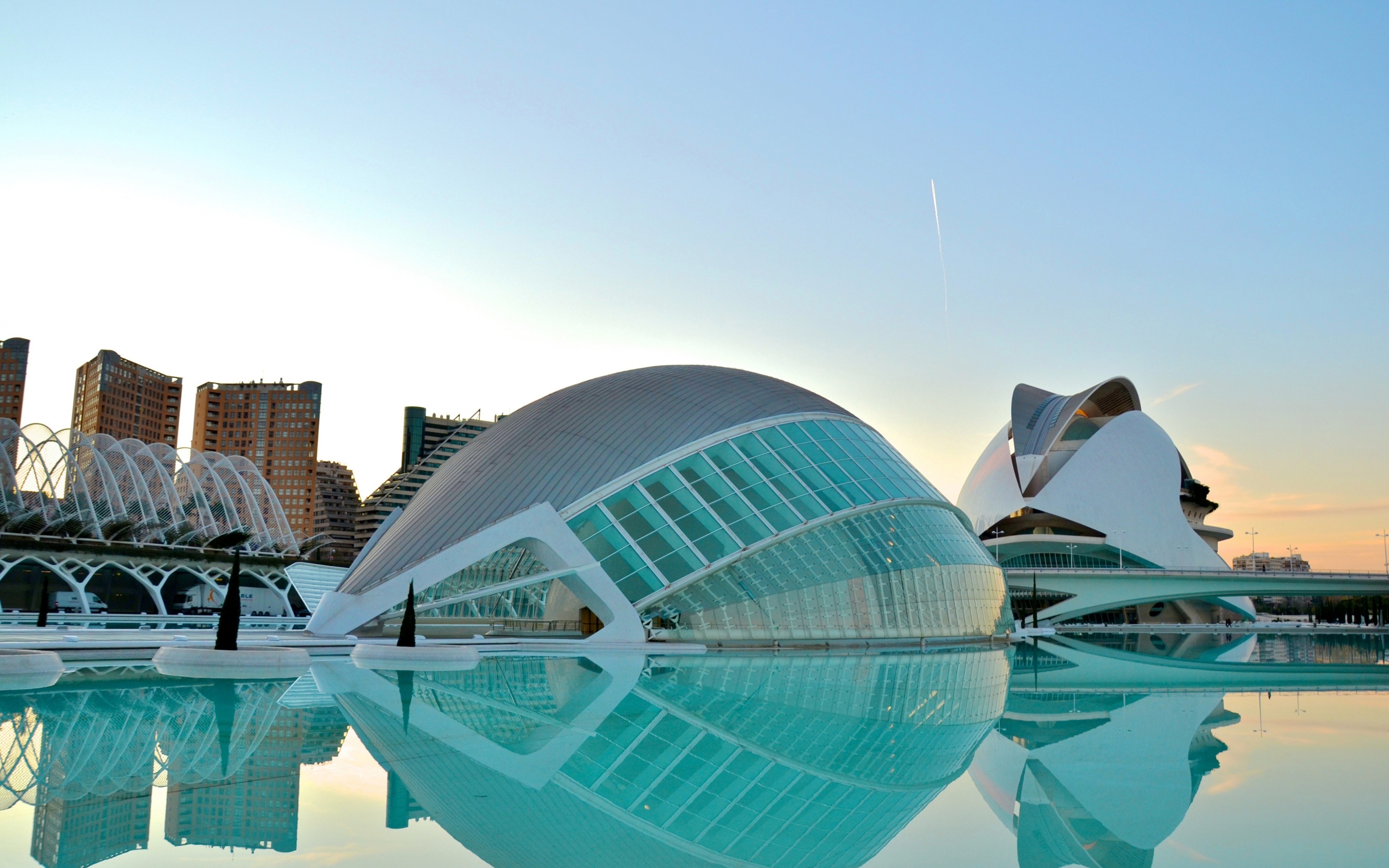 Airplane Architecture City City Of Arts And Sciences Hemispheric Jet Reflection Spain Valencia 3840x2400