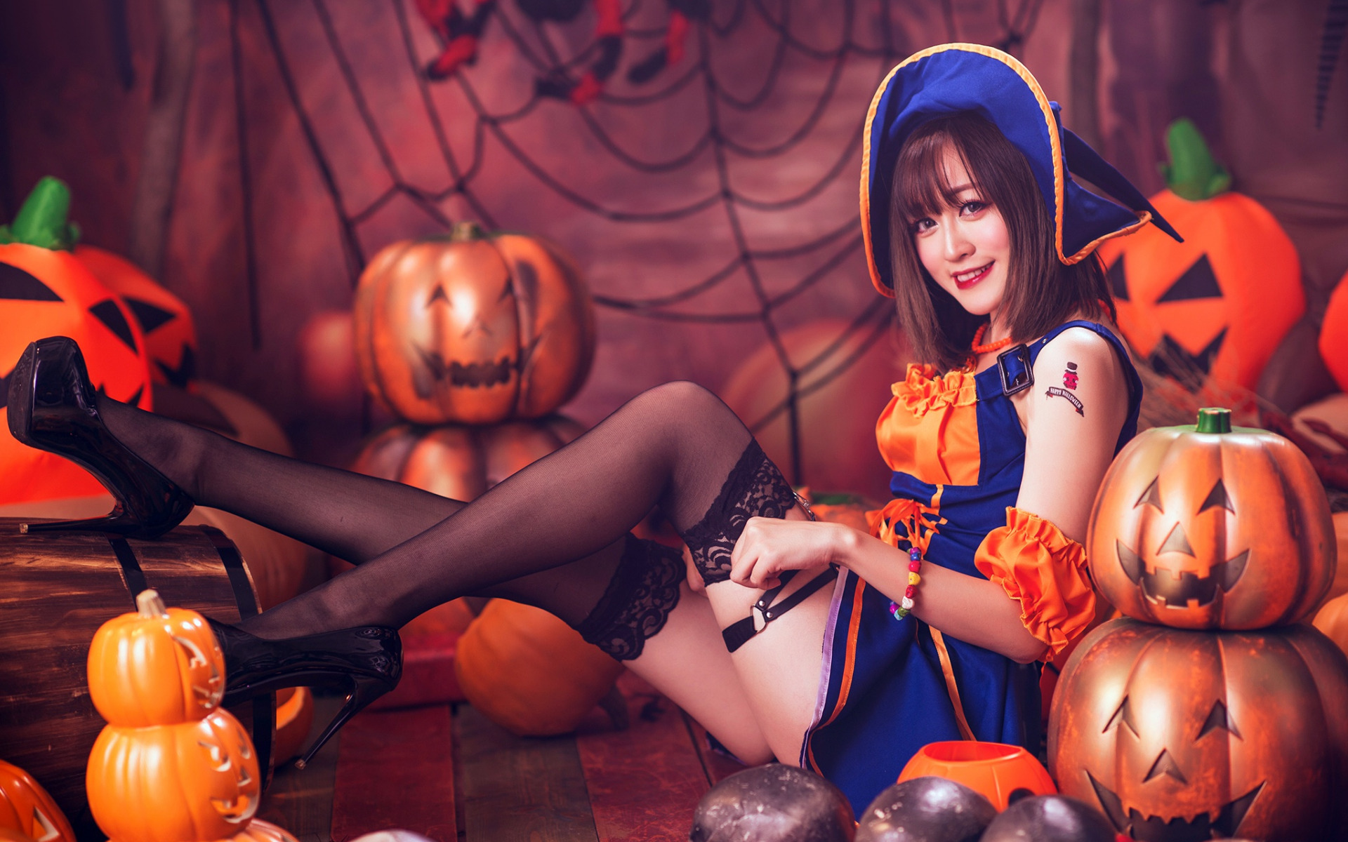 Halloween Jack O Lantern Tattoo Socks Thigh High Socks Cosplay High Heels Linnnng Model Women 1920x1200