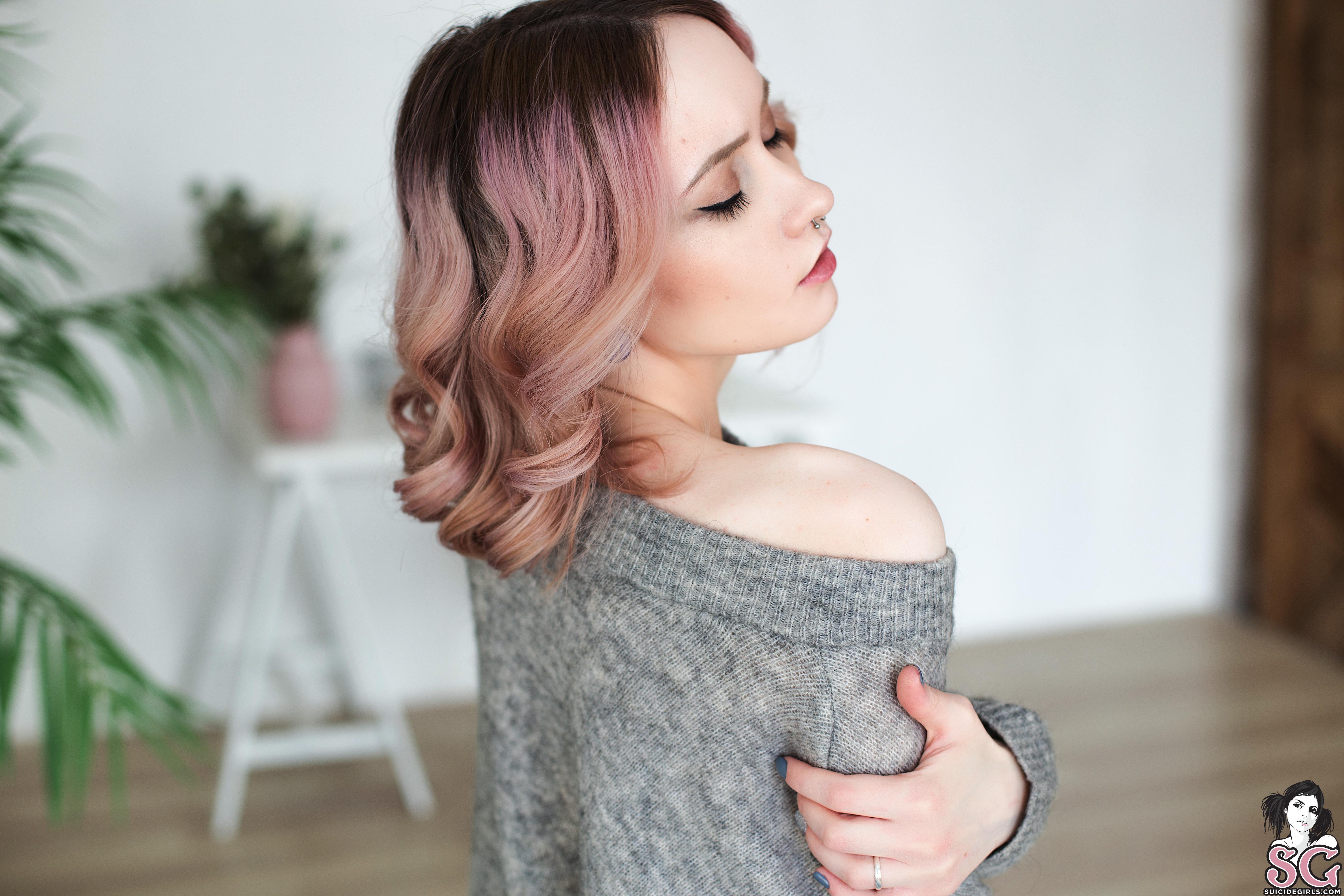 Women Model Dyed Hair Sweater Depth Of Field In Bedroom Plants Pierced Nose 5472x3648