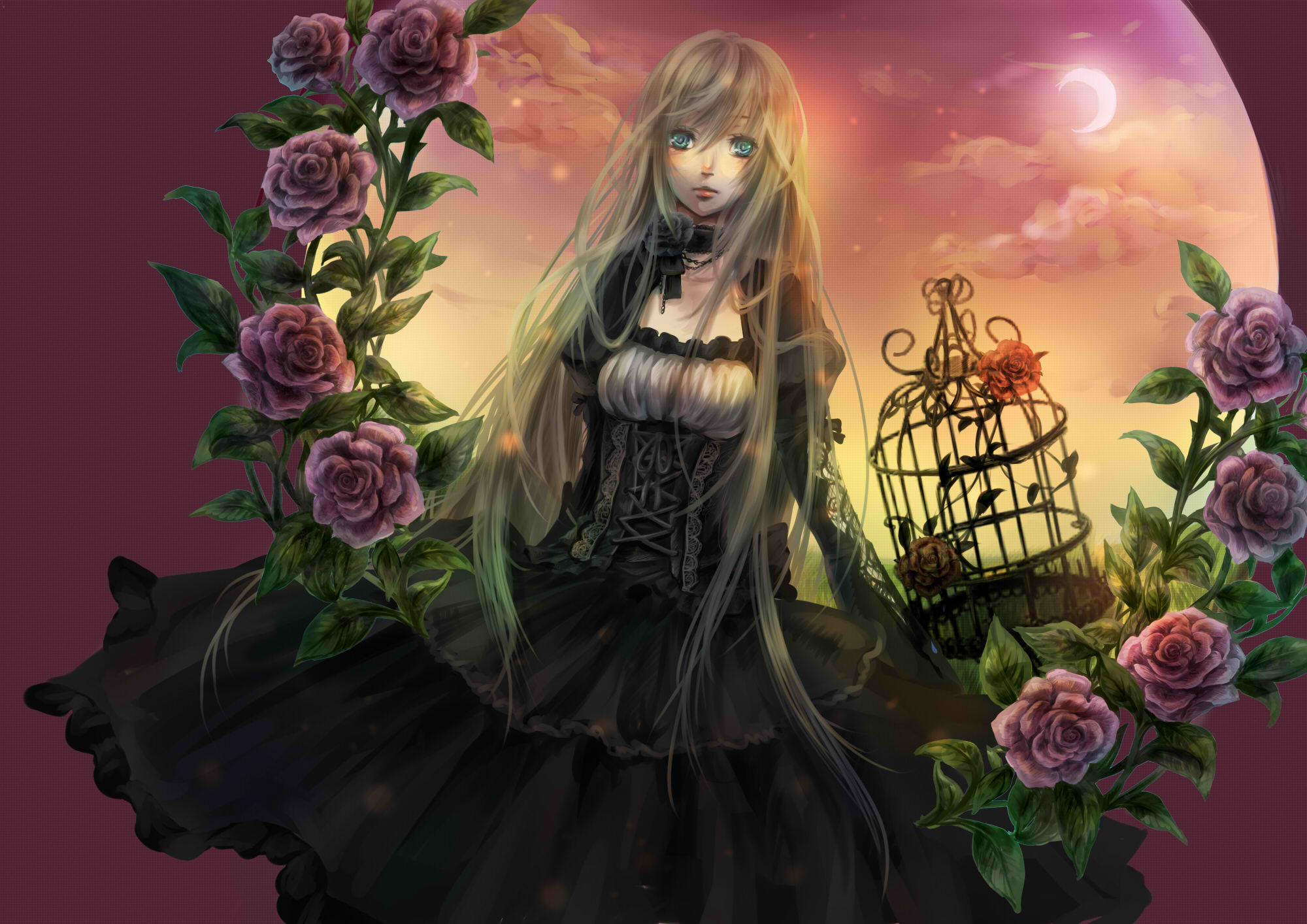Anime Birdcage Fantasy Flower Girl Rose 2000x1414