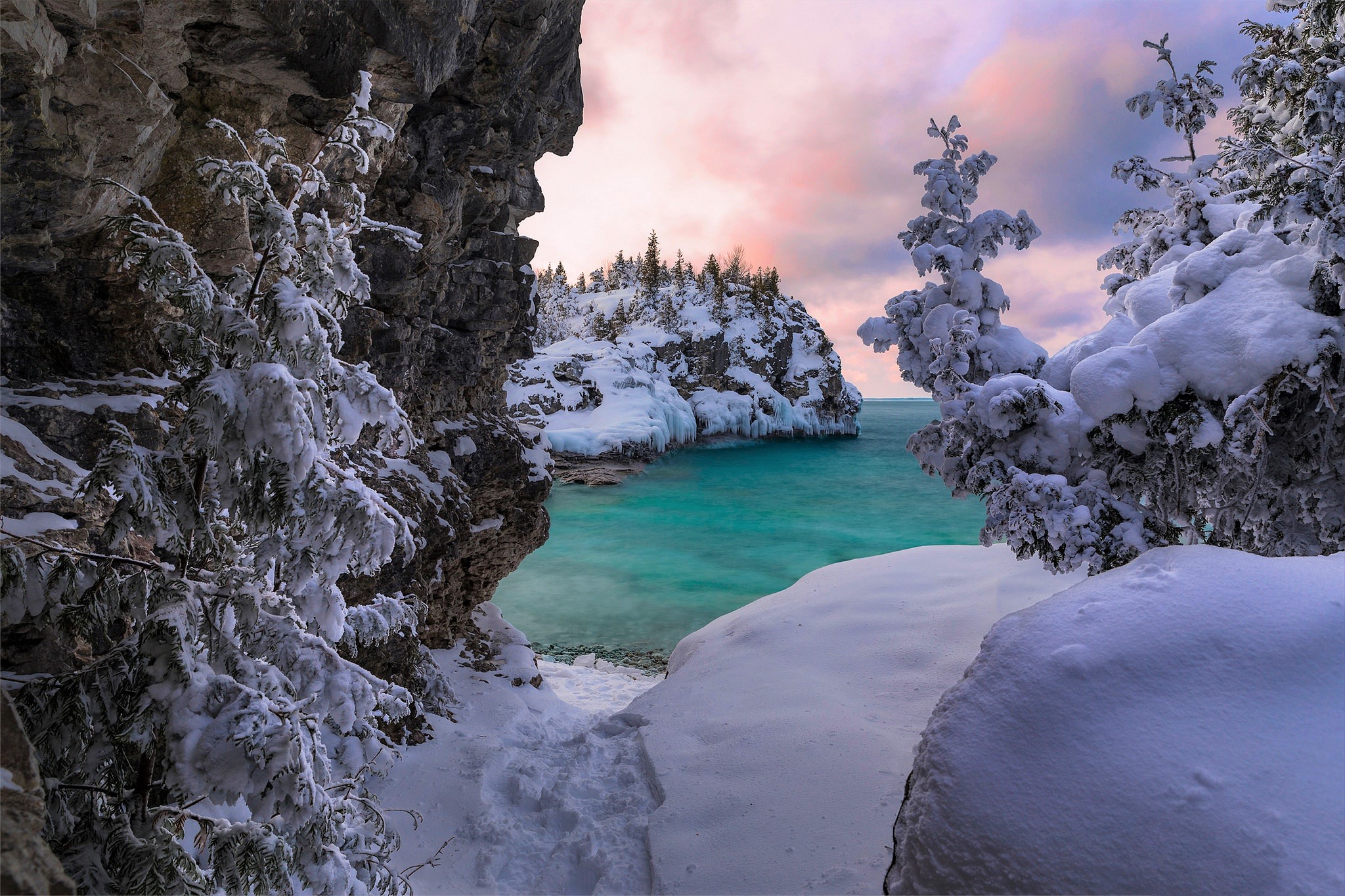 Canada Lake Lake Huron Mountain Ontario Rock Snow Winter 2048x1365