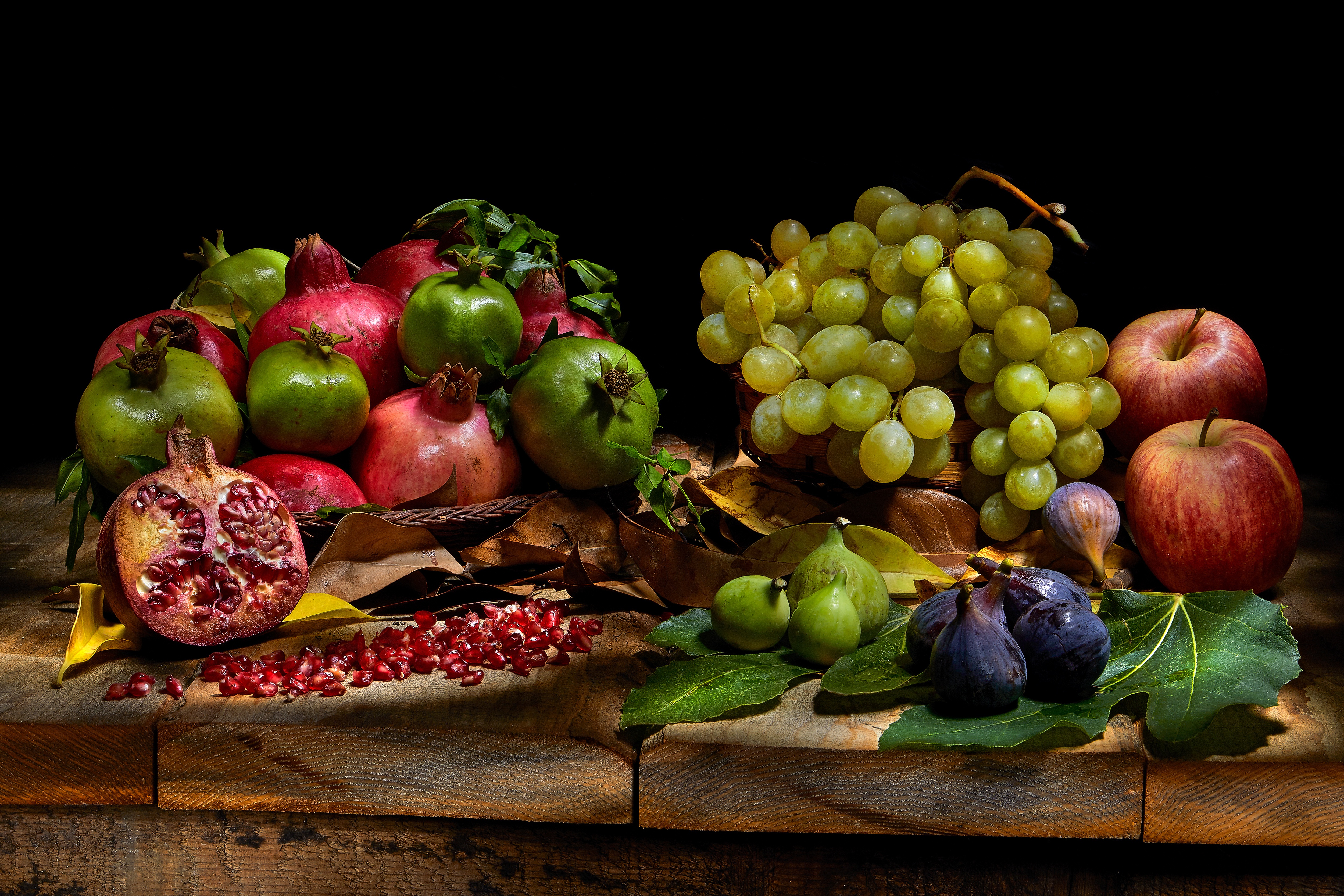 Apple Fig Fruit Grapes Pomegranate Still Life 5000x3334
