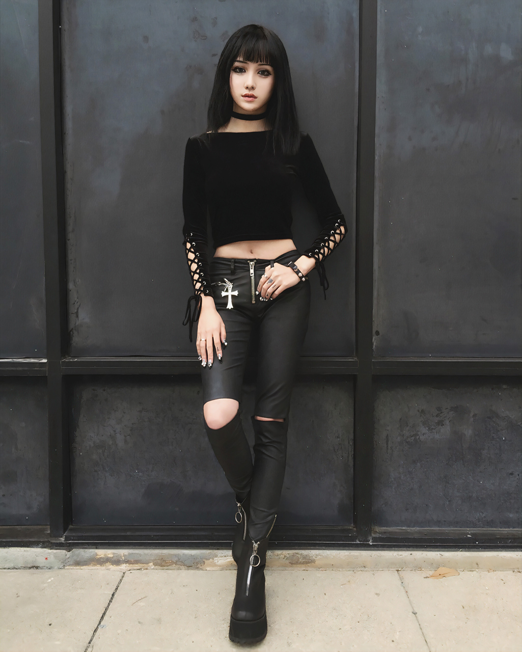 Women Model Choker Black Clothing Alt Girls Dark Hair Long Hair Urban Boots Leather Pants Standing 1025x1280
