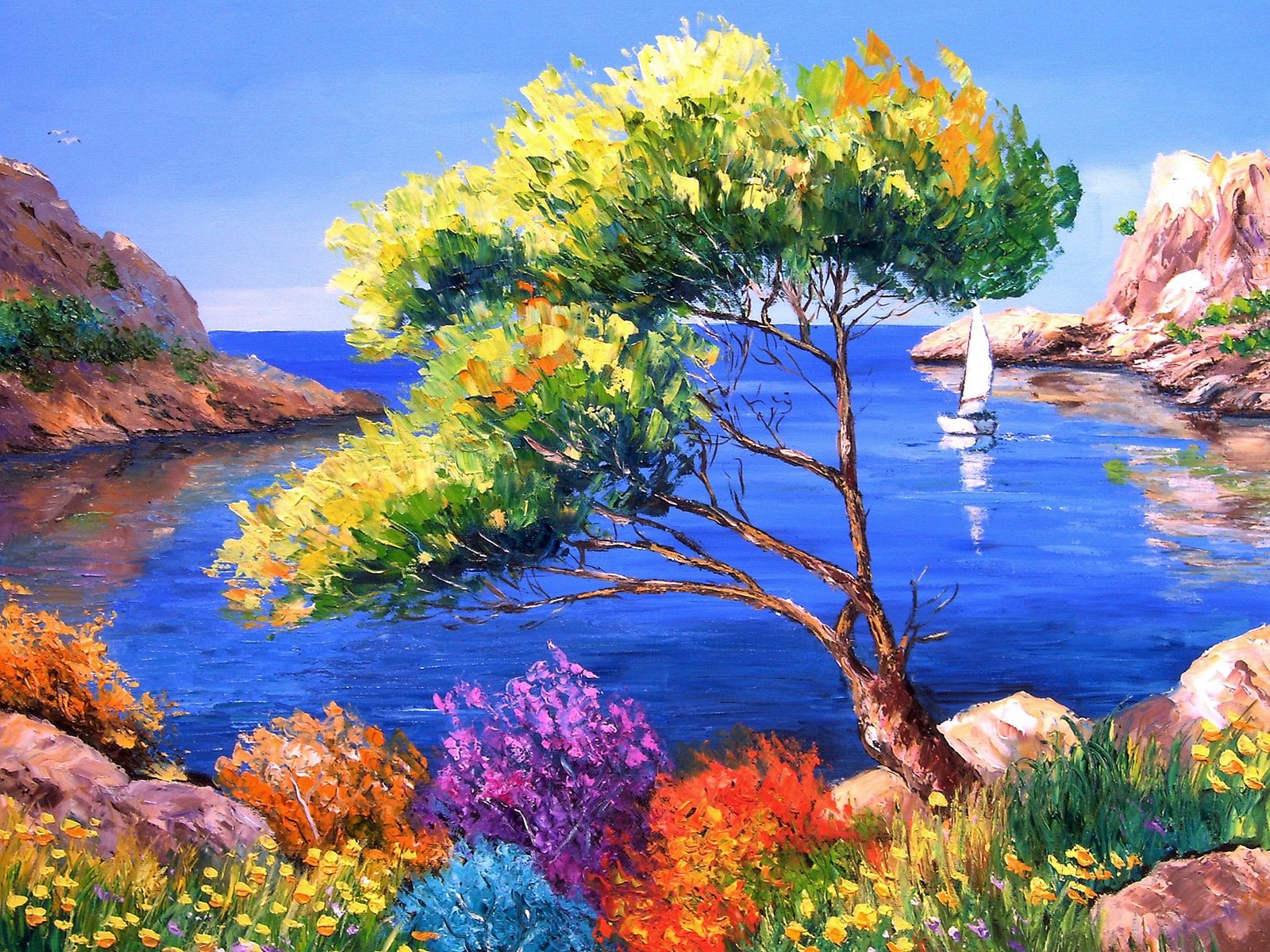 Artistic Calanque Flower France Painting 1600x1200