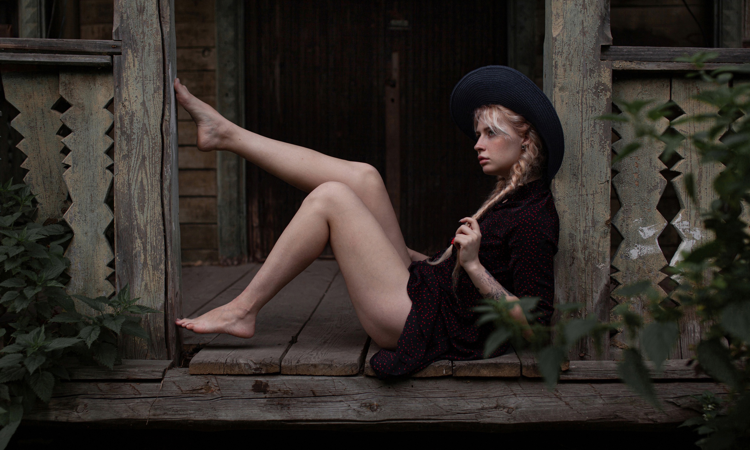 Andrey Frolov Model Women Blonde Braids Legs Feet Barefoot Dress Black Dress Hat Sitting On The Floo 2500x1502