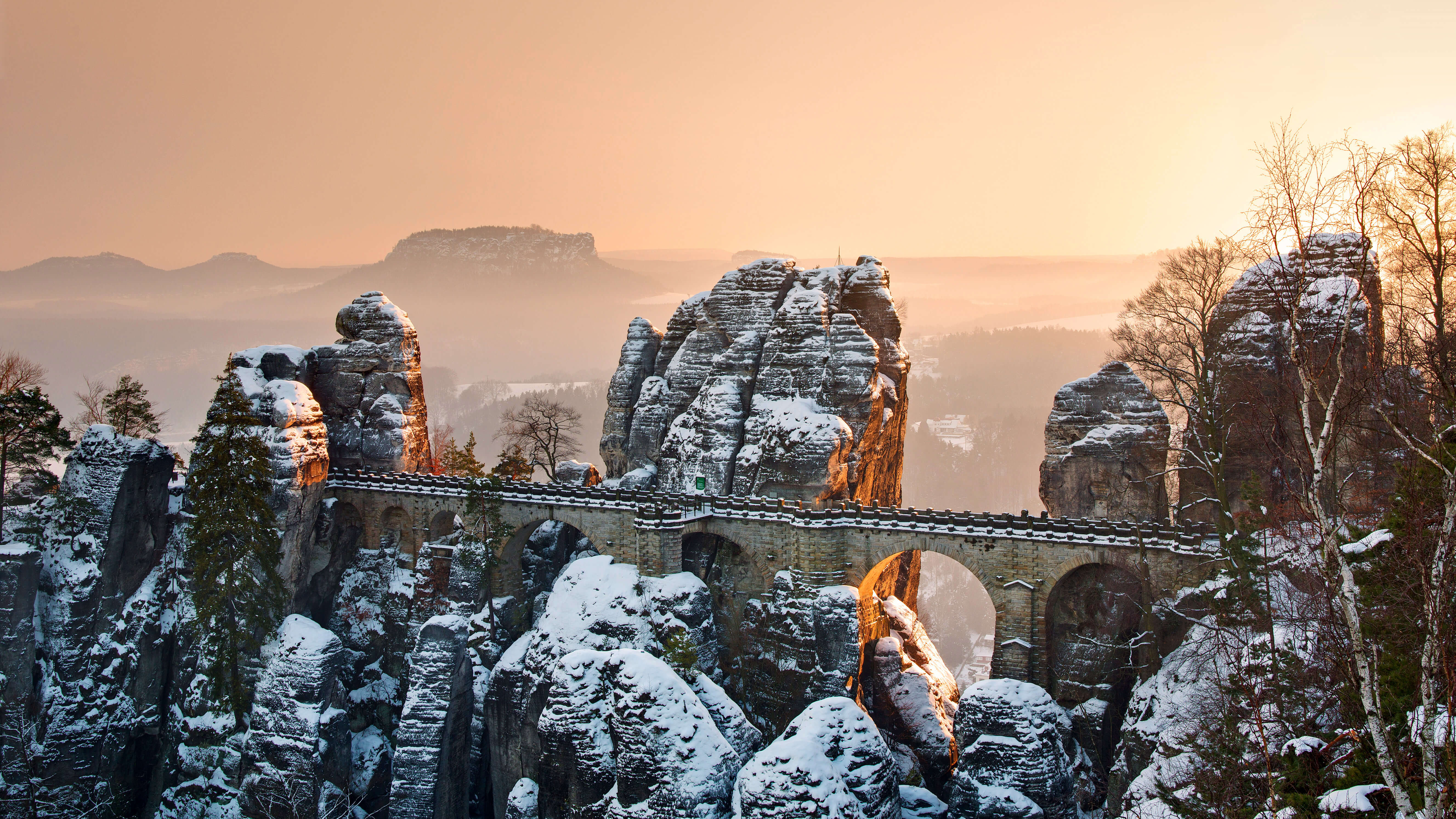 National Park Germany Saxon Switzerland Bridge Sunlight Snow Rocks 5310x2987