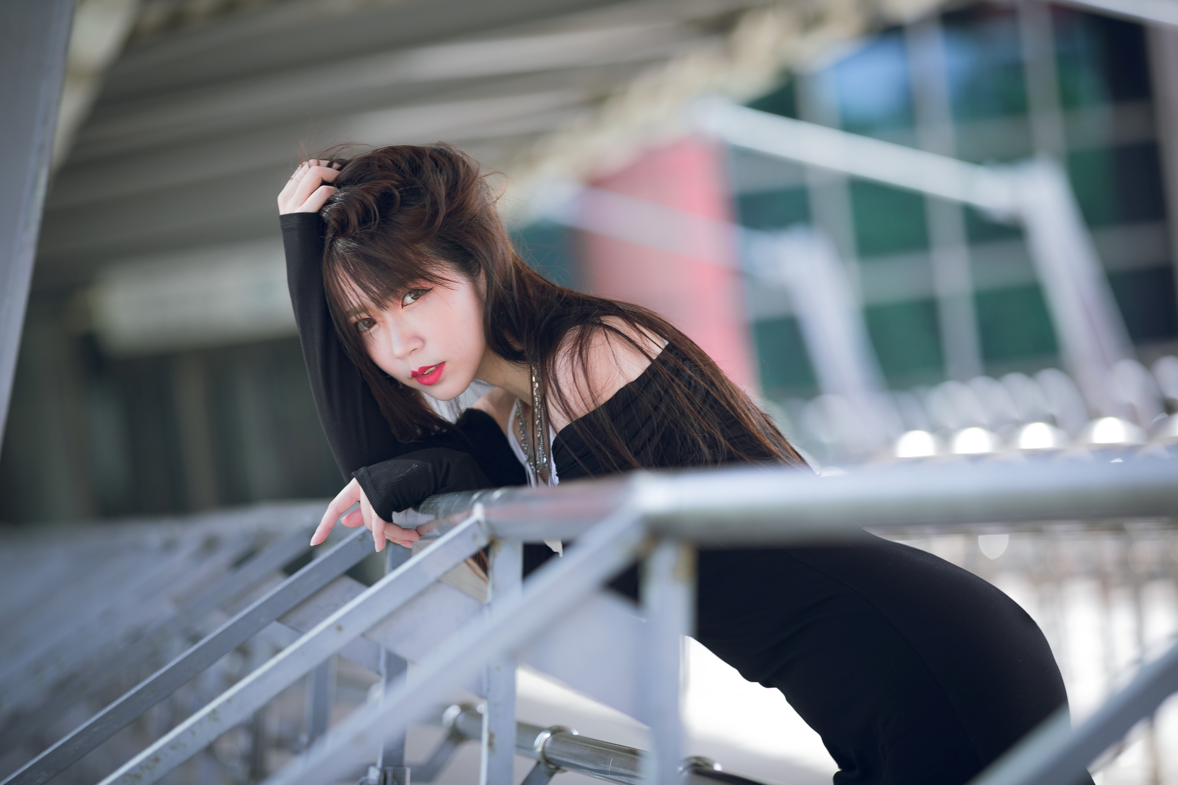 Serene Liu Women Model Asian Brunette Bangs Black Clothing Looking At Viewer Parted Lips Red Lipstic 3840x2560
