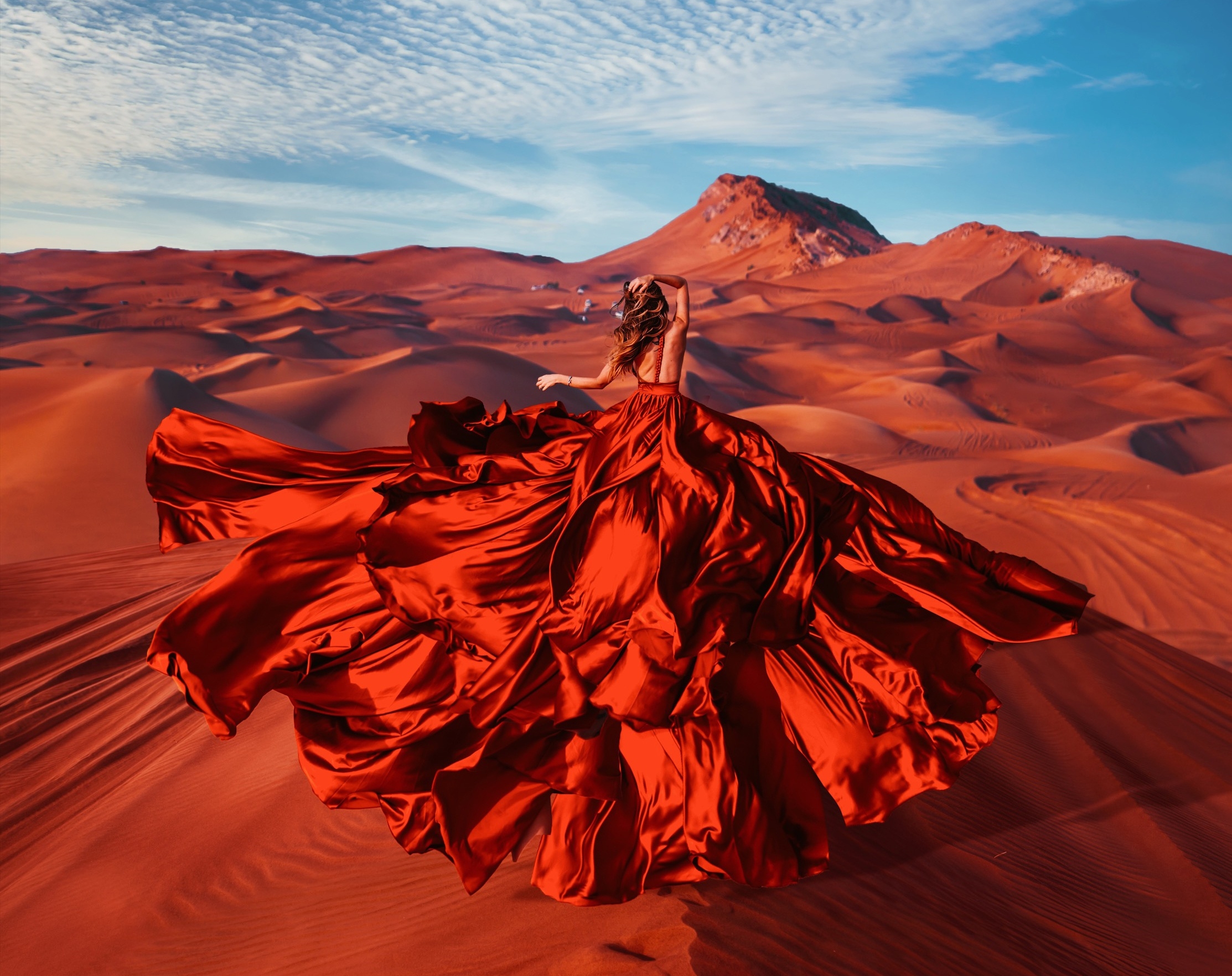 Desert Dune Girl Rear Red Dress Redhead Sand Woman 2226x1763