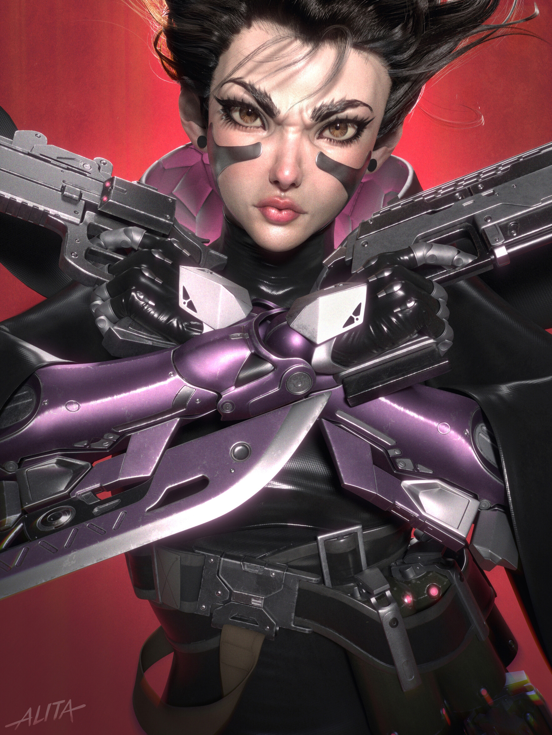 Alita Science Fiction CGi Render ArtStation Digital Art Girl With Weapon Looking At Viewer Dark Hair 1765x2350