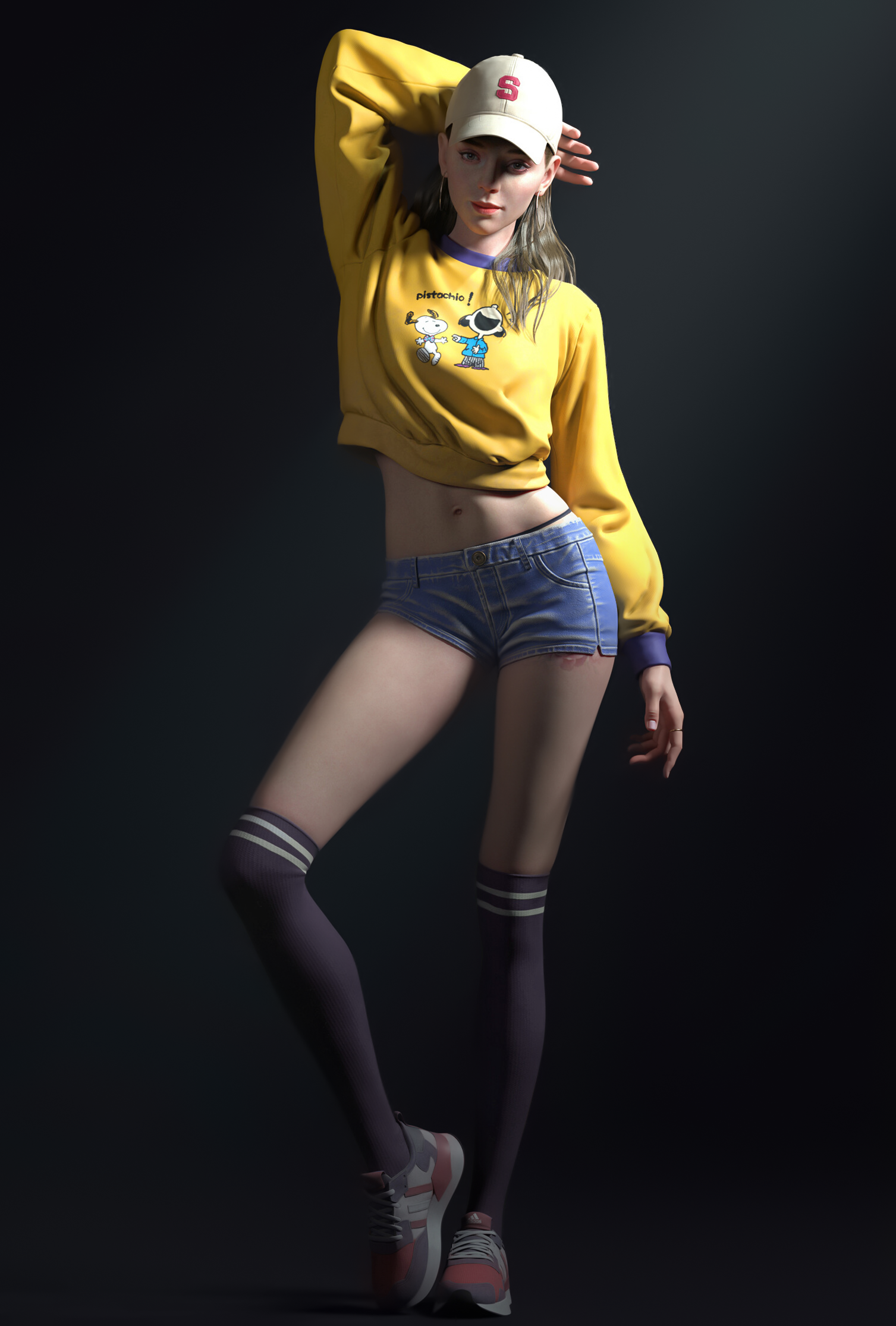 Hai Sheng CGi Women Baseball Caps Blouse Yellow Clothing Jeans Shorts Knee High Socks Sneakers 1507x2230