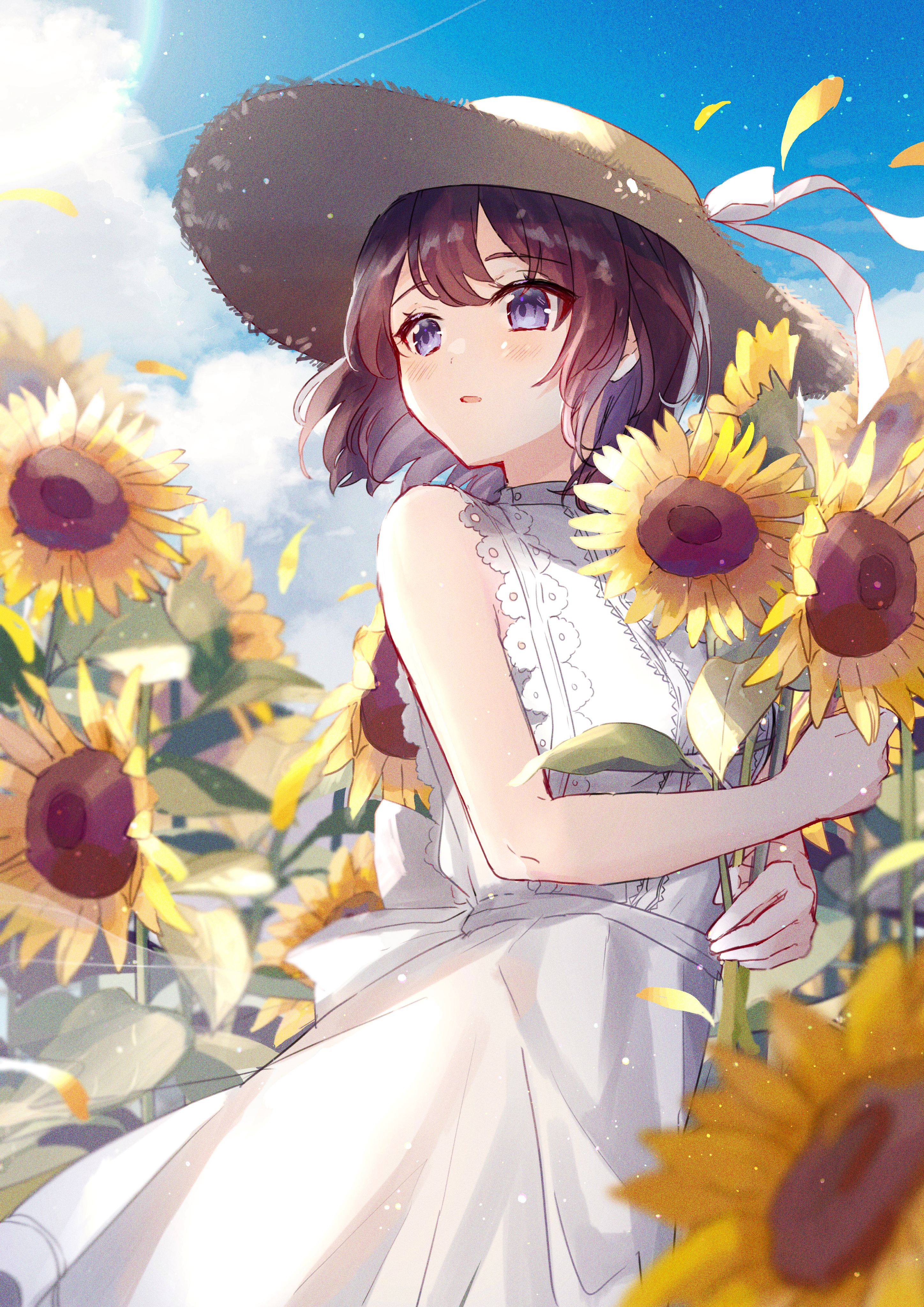 Anime Anime Girls Oyuyu Sunflowers Straw Hat Sun Dress Brunette Purple Eyes 2896x4096