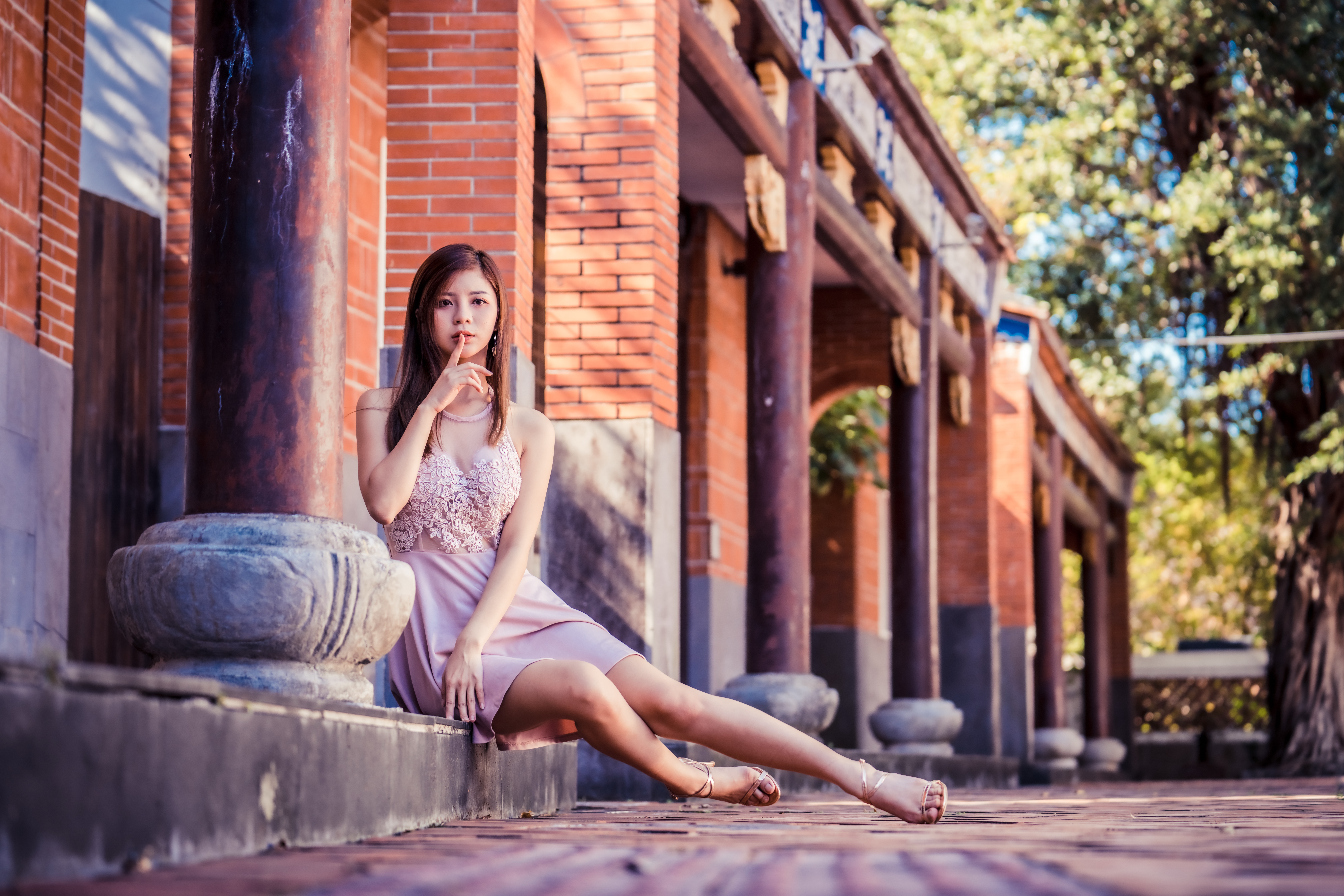 Asian Model Women Long Hair Brunette Barefoot Sandal Sitting Depth Of Field Pink Dress Stairs Buildi 9504x6336