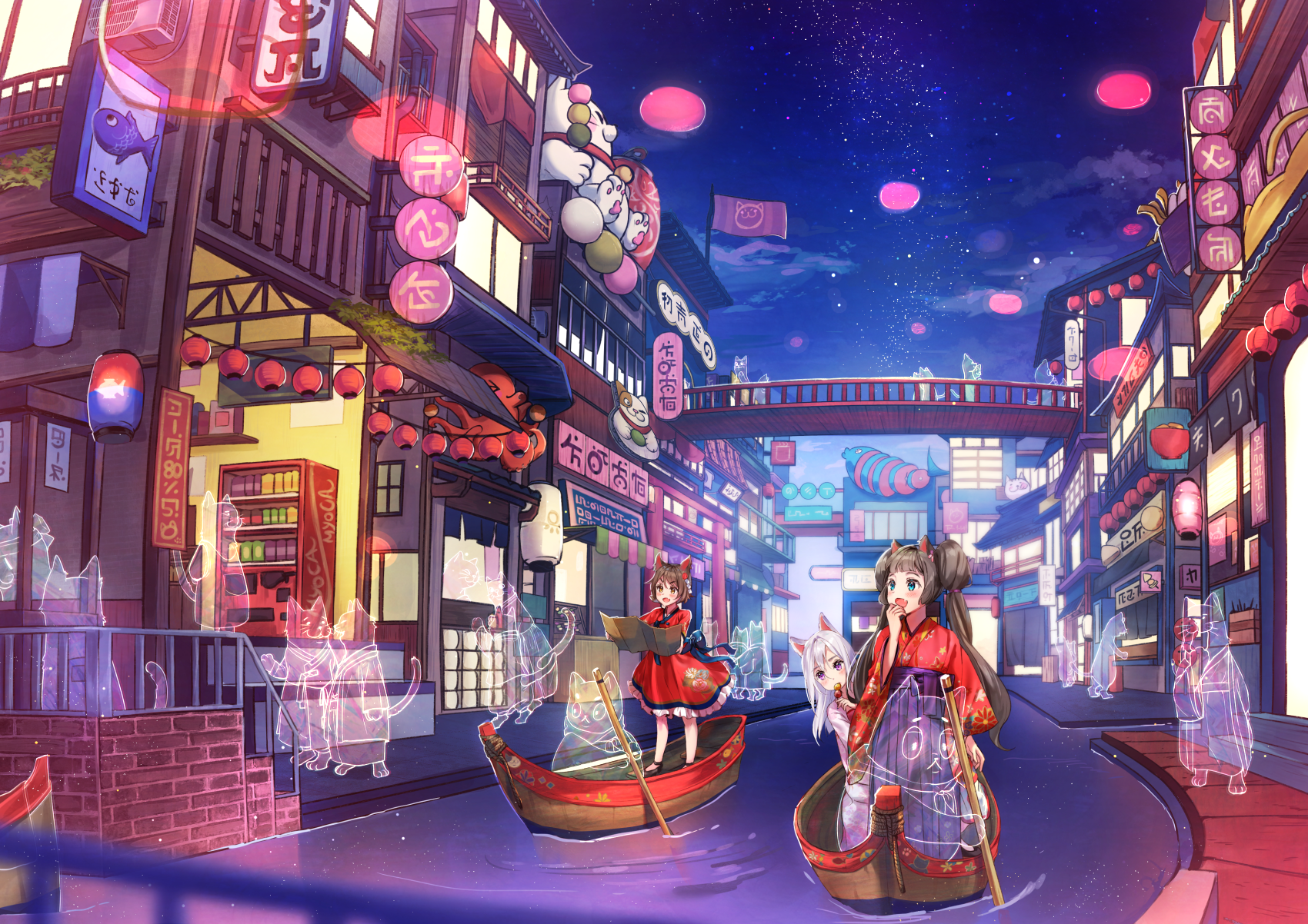 Anime Girls Anime City Fantasy City Animal Ears Japanese Clothes Cat Girl Ghosts 1700x1202