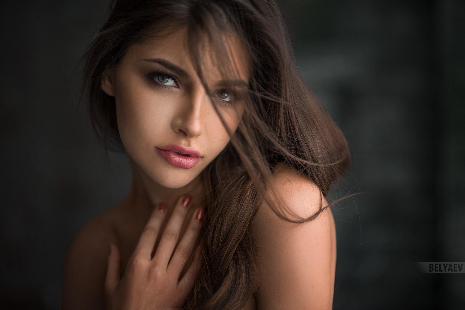 Dmitry Belyaev Model Women Brunette Gray Eyes Mouth Lips Lipstick Bare Shoulders Hair In Face Simple 1500x1001