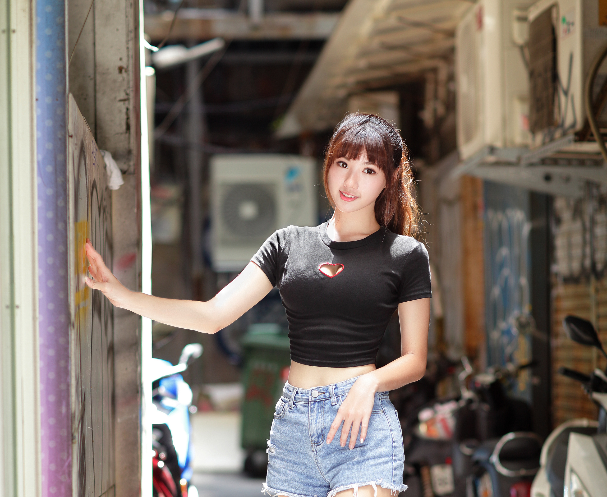 Asian Model Women Long Hair Brunette Jeans Black Shirt Ponytail Depth Of Field Motorcycle 2560x2096