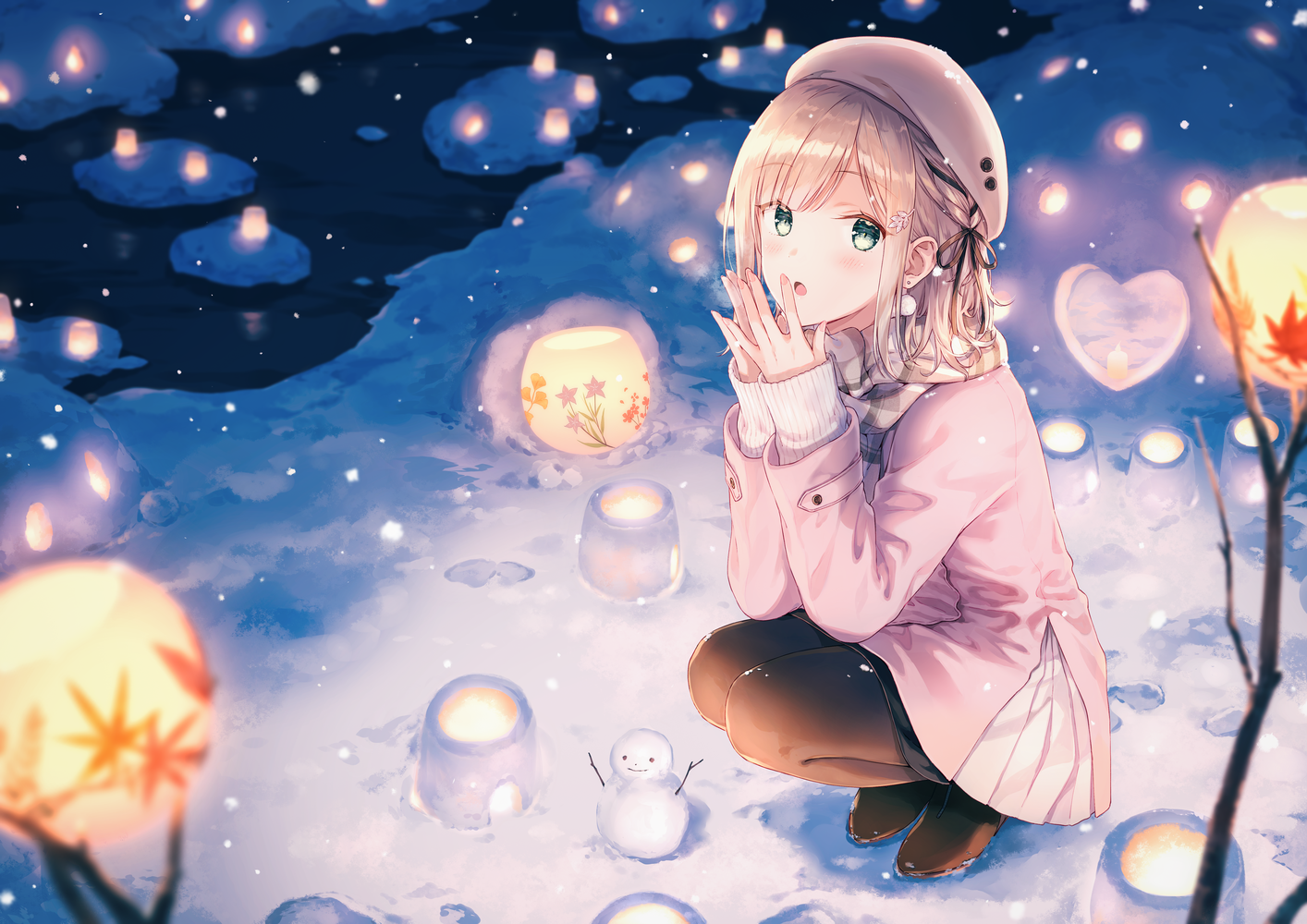 Anime Anime Girls Digital Art Artwork 2D Portrait Hiten Winter Snow Snowmen Night Blonde Green Eyes 1414x1000