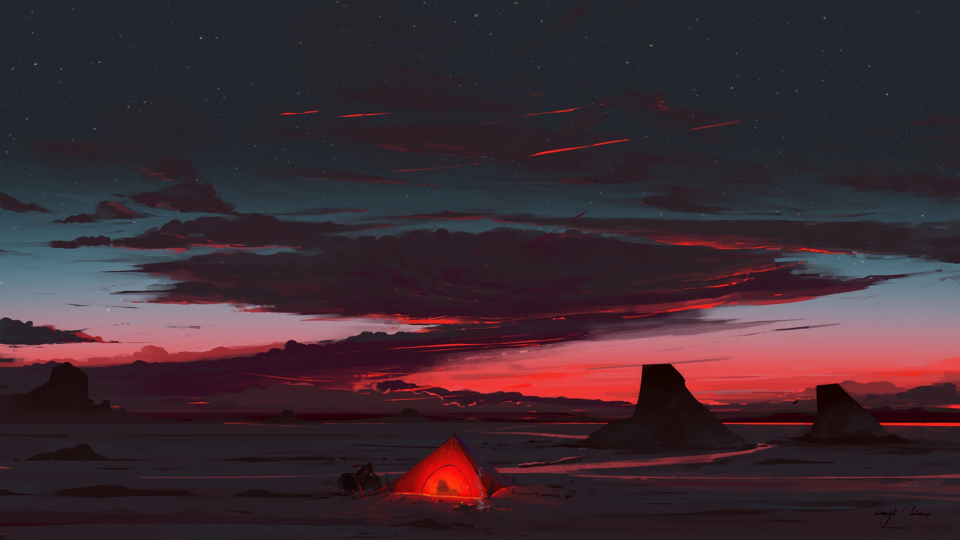 BisBiswas Digital Art Sunset Camping Camp Desert Clouds 1920x1080