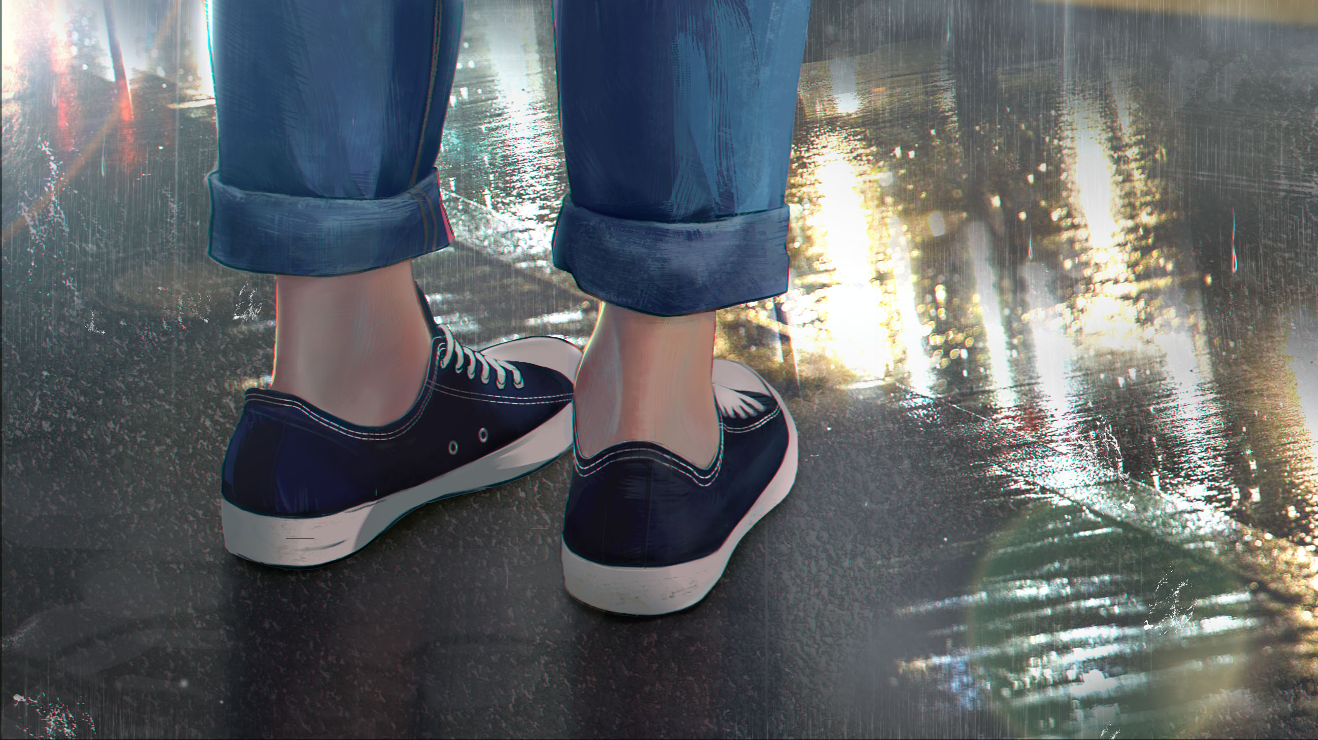 Anime Rain Water Drops Water Sneakers Jeans Legs Road City Lights Wet Street Urban Pixiv 2596x1459