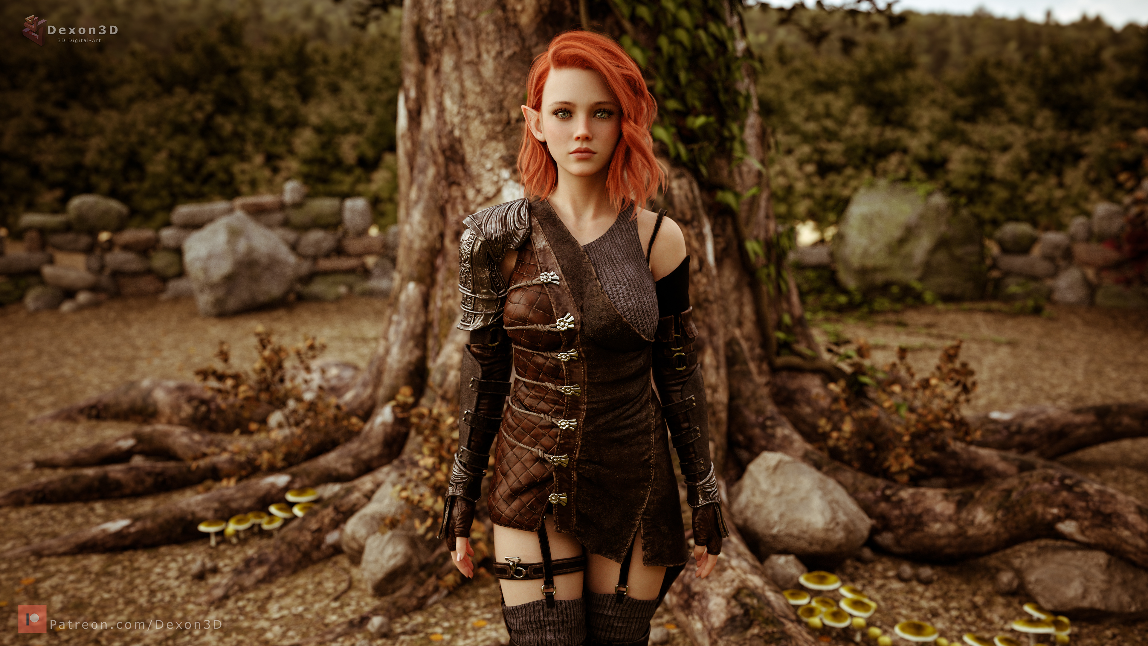 Dexon3D CGi Women Elves Redhead Leather Nature Trees Roots 3840x2160