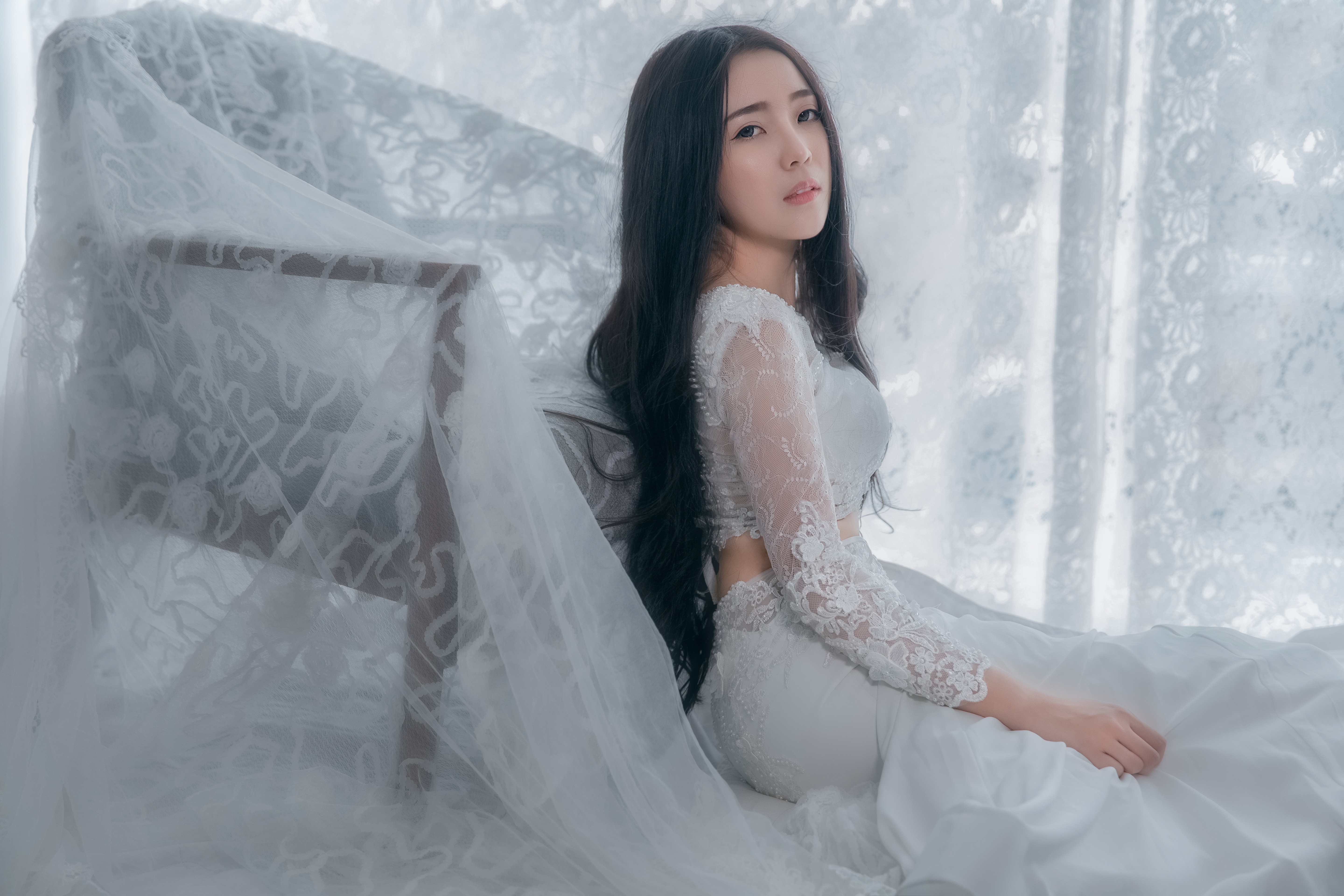 Asian Black Hair Bride Girl Long Hair Model Wedding Dress White Dress Woman 5760x3840
