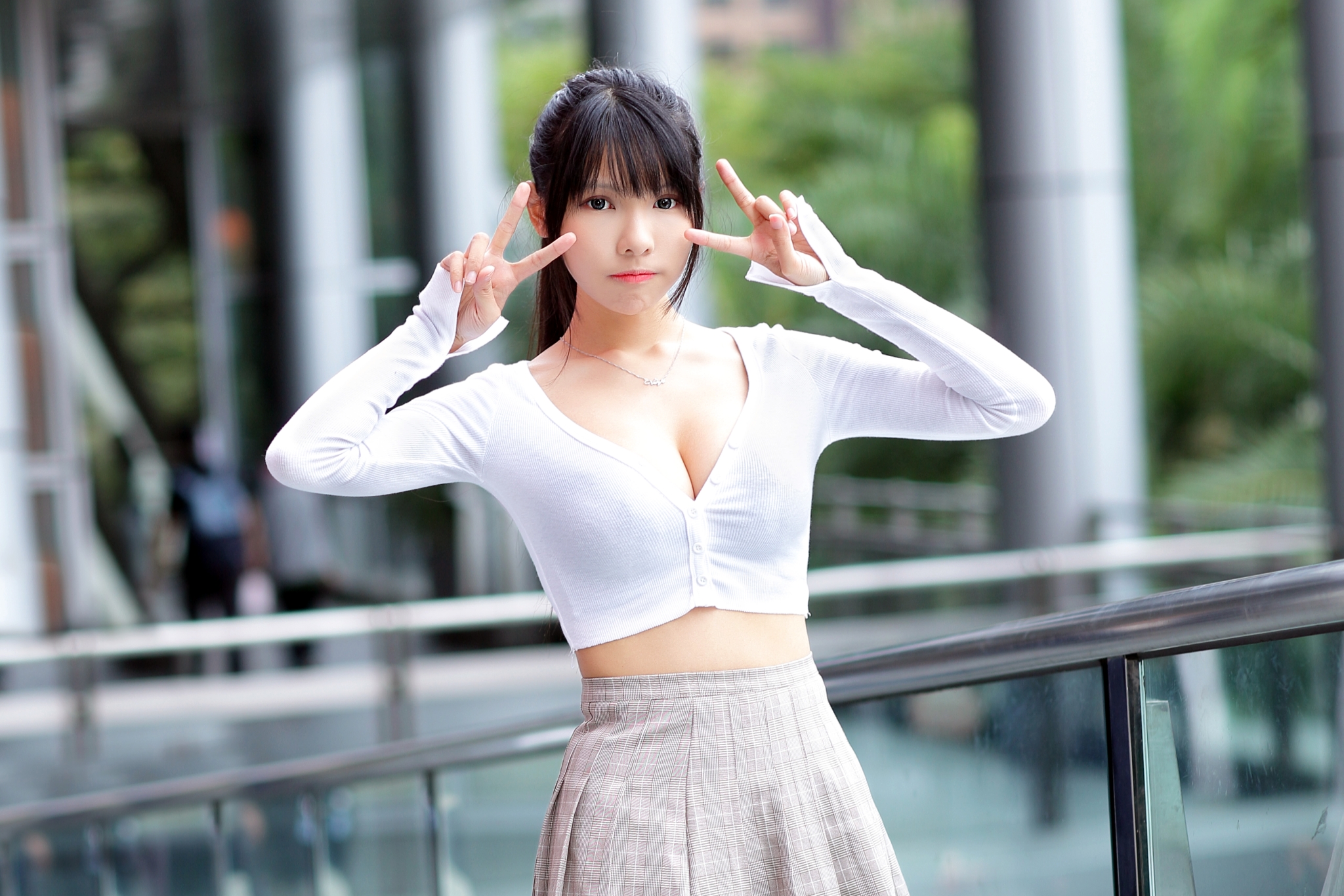 Vicky Women Model Asian Brunette Ponytail Bangs Looking At Viewer Necklace White Tops Depth Of Field 2048x1366