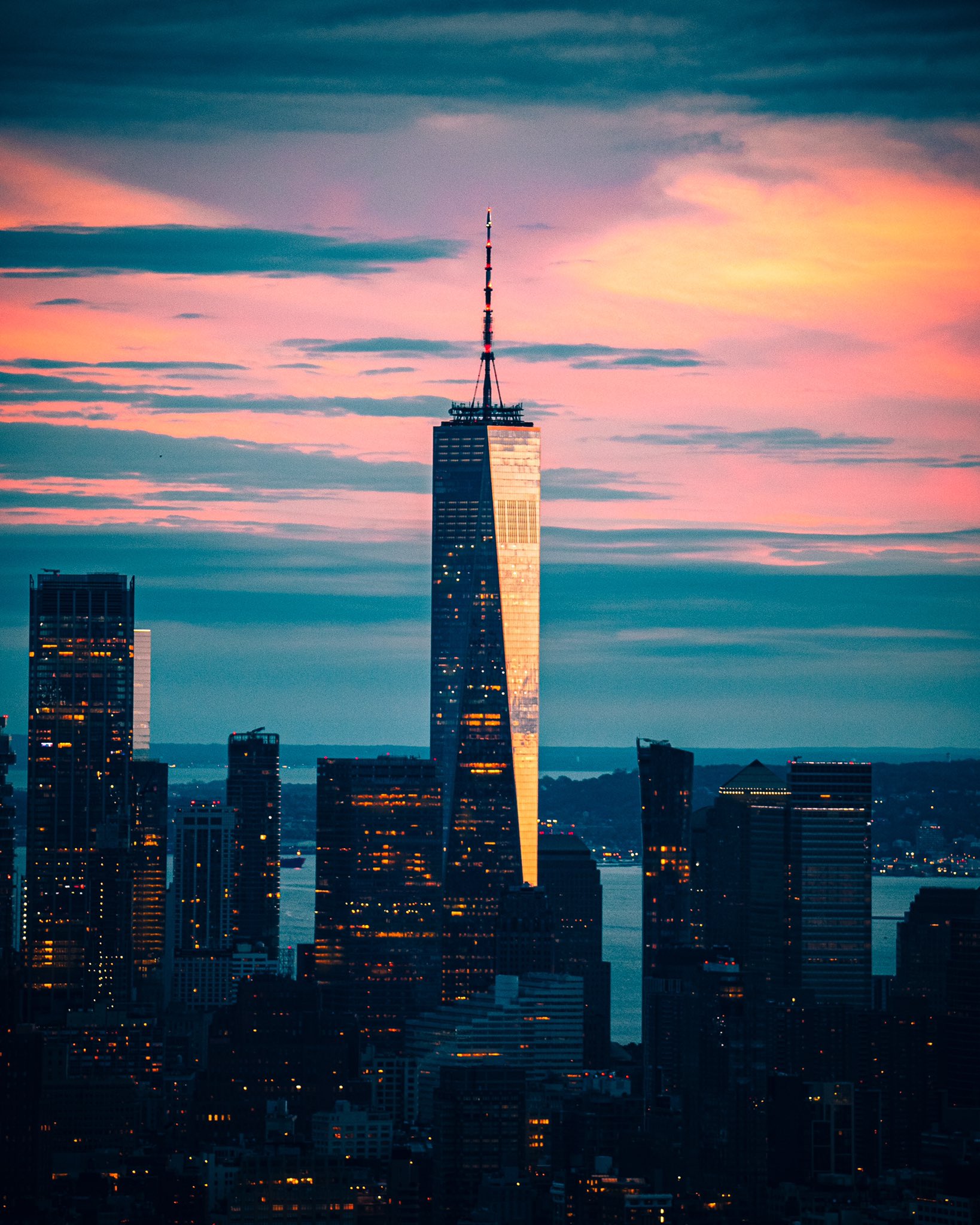 New York City Sky Sunset Clouds Portrait Display Building One World Trade Center City Lights 1638x2048