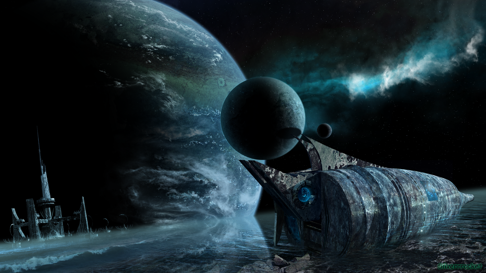 Digital Art Moon Nebula Ocean Planet Space Spaceship Stars Wave 1920x1080