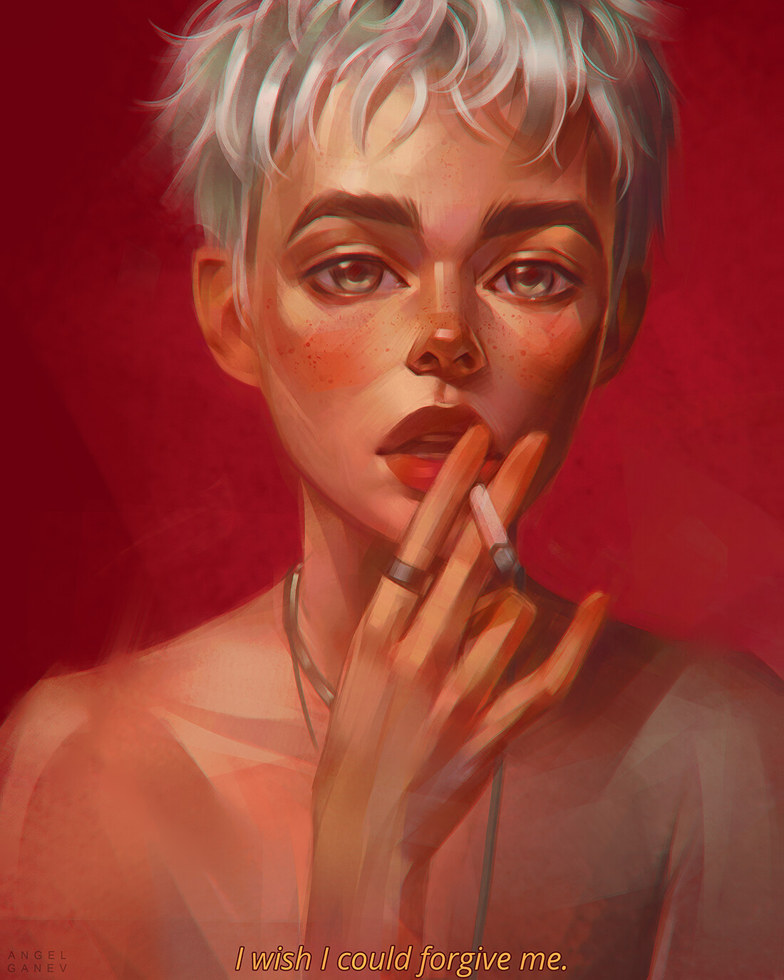Angel Ganev Artwork Women Cigarettes Smoking Red Background Simple Background Face Portrait Short Ha 1100x1375