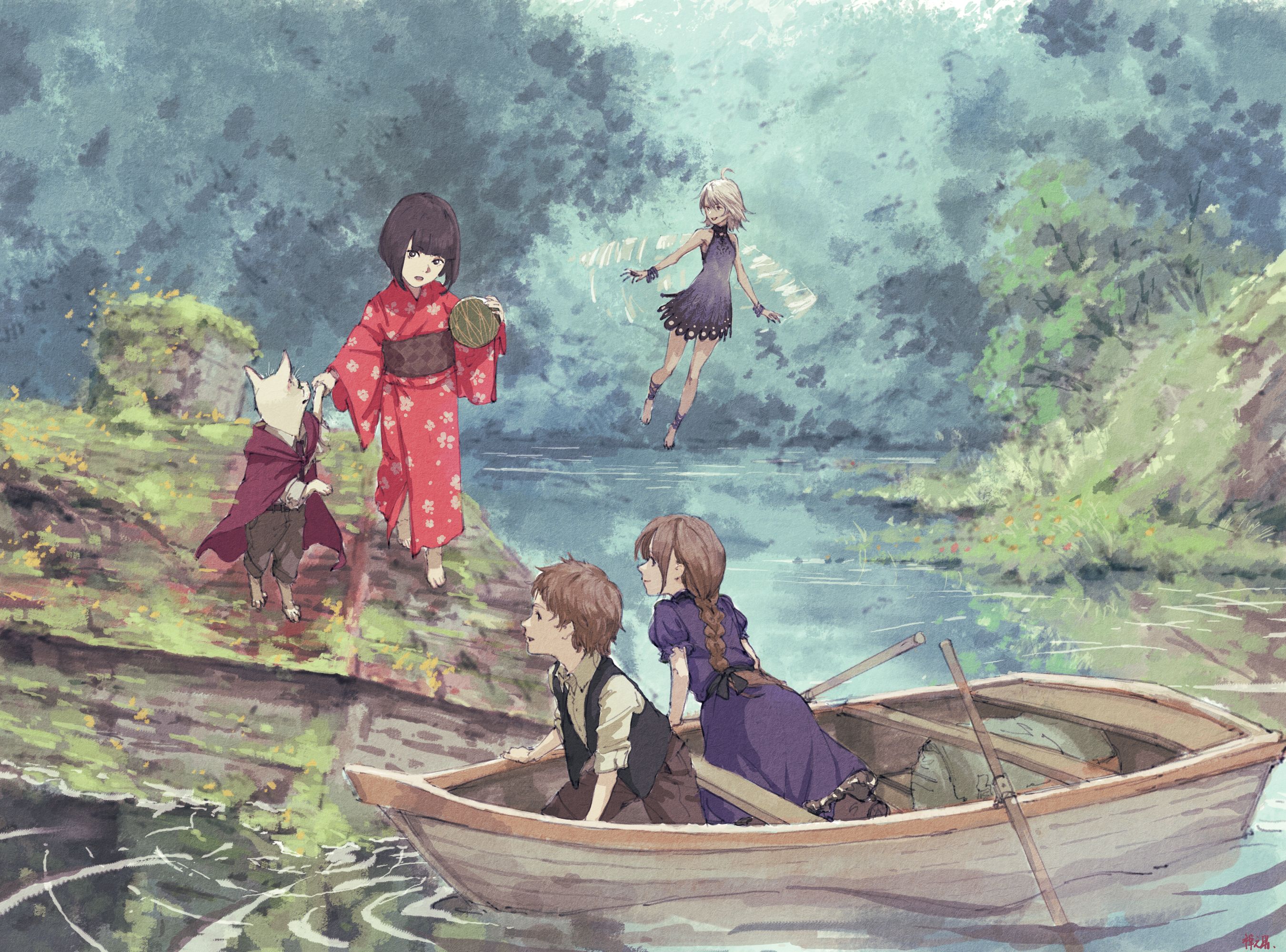 Boat Boy Fairy Fantasy Girl Kimono Nature River 2700x2000