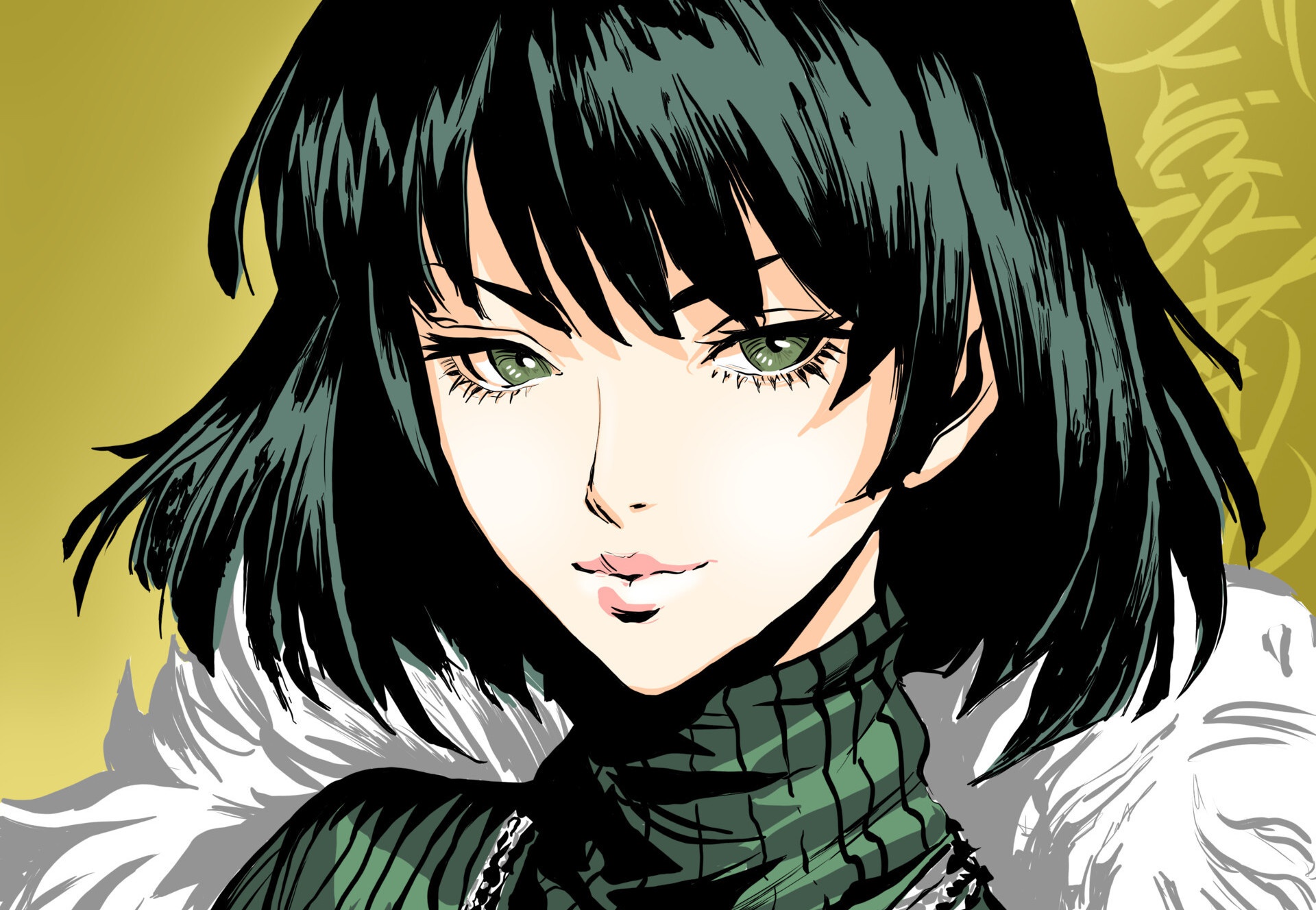 Anime Girls Anime Face Portrait Green Eyes Dark Hair One Punch Man Fubuki 1920x1328