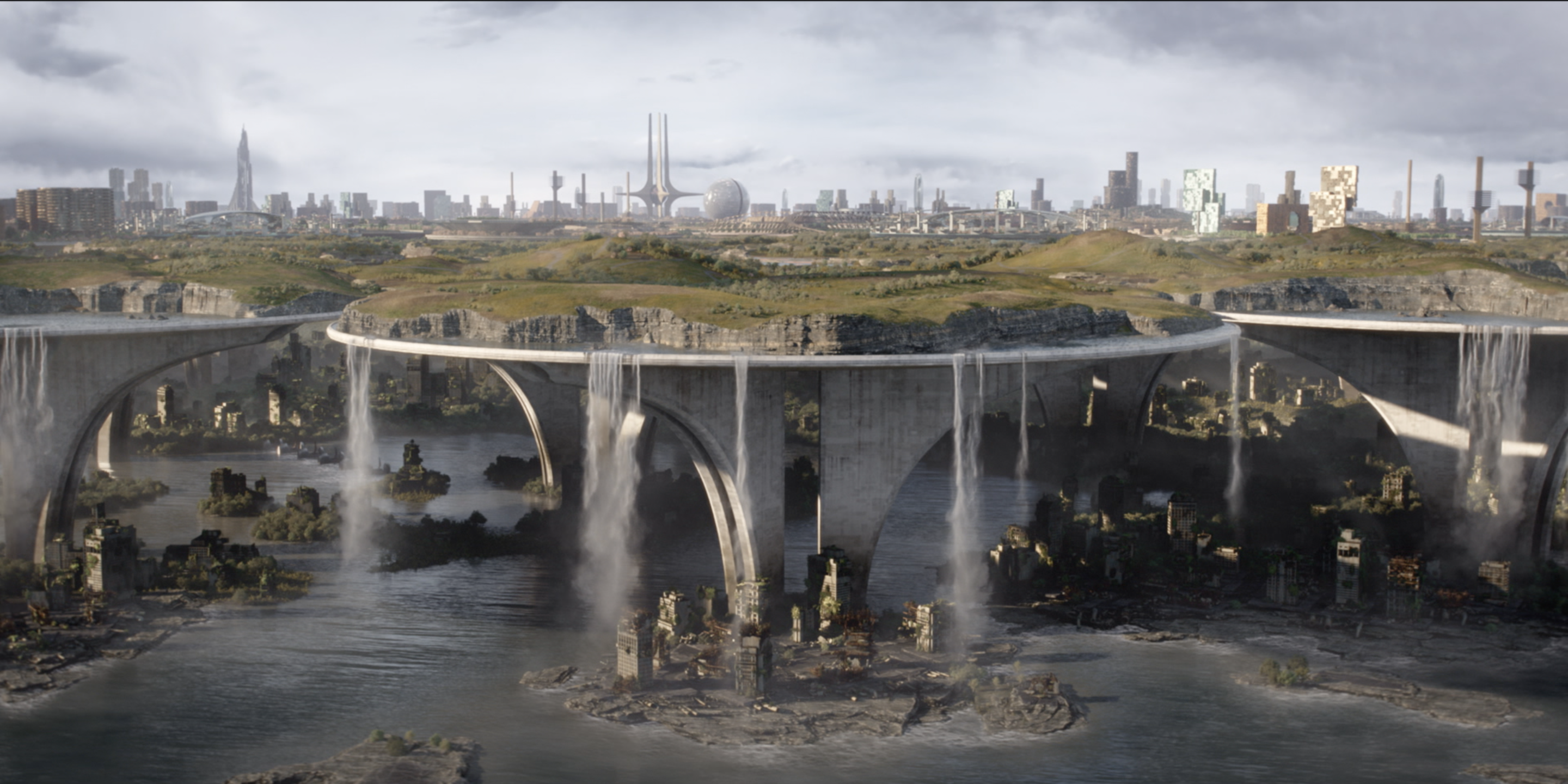 Futuristic Brutalism Waterfall Skyscraper Science Fiction Brave New World New London Landscape Scree 2880x1440