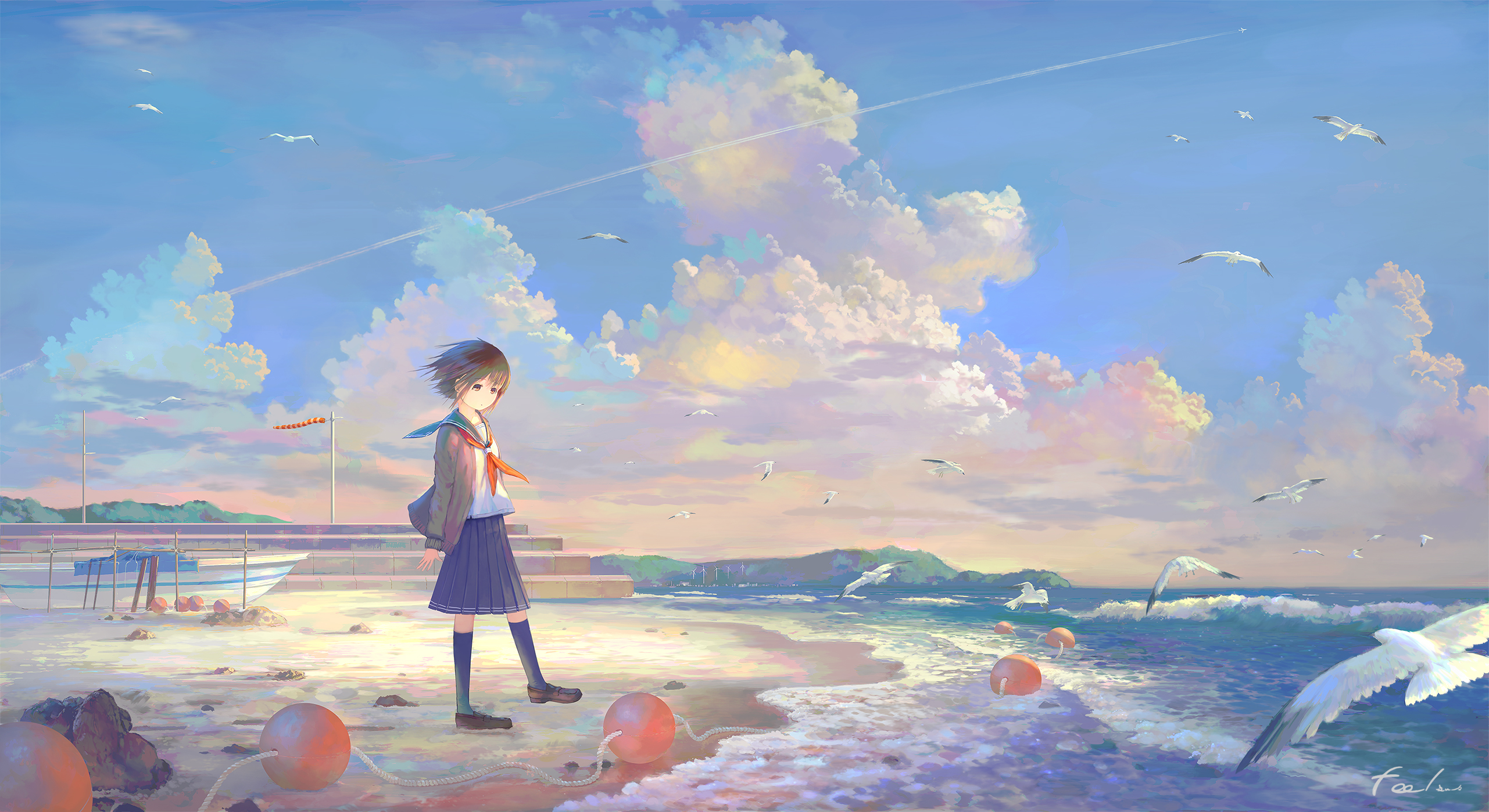 Anime Girls Landscape School Uniform Sky Clouds Beach Moescape Original Characters Shore 2562x1399