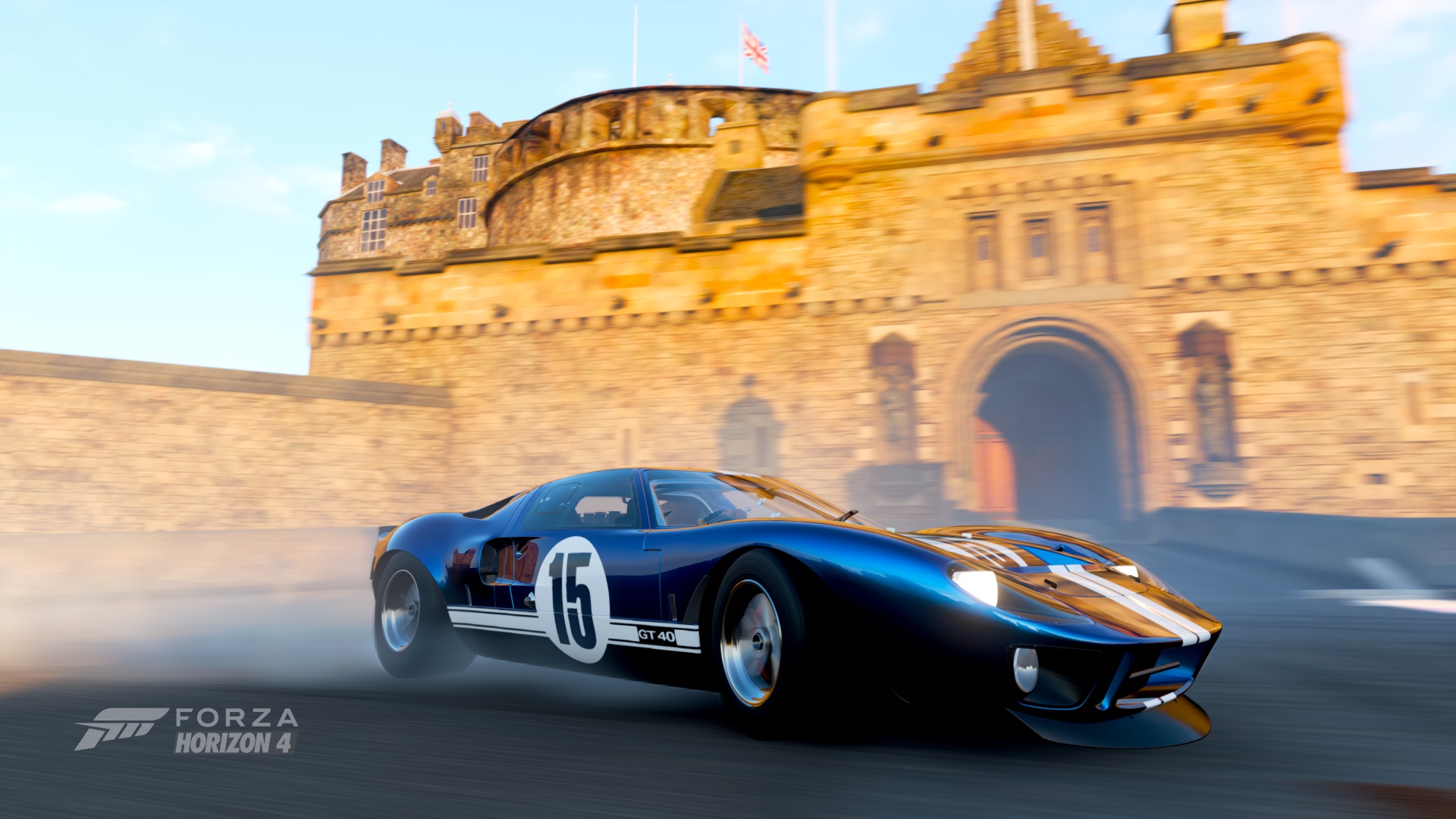 Forza Horizon 4 Depth Of Field Car Castle Edinburgh Ford Blue Cars GT40 Racing Stripes 1920x1080