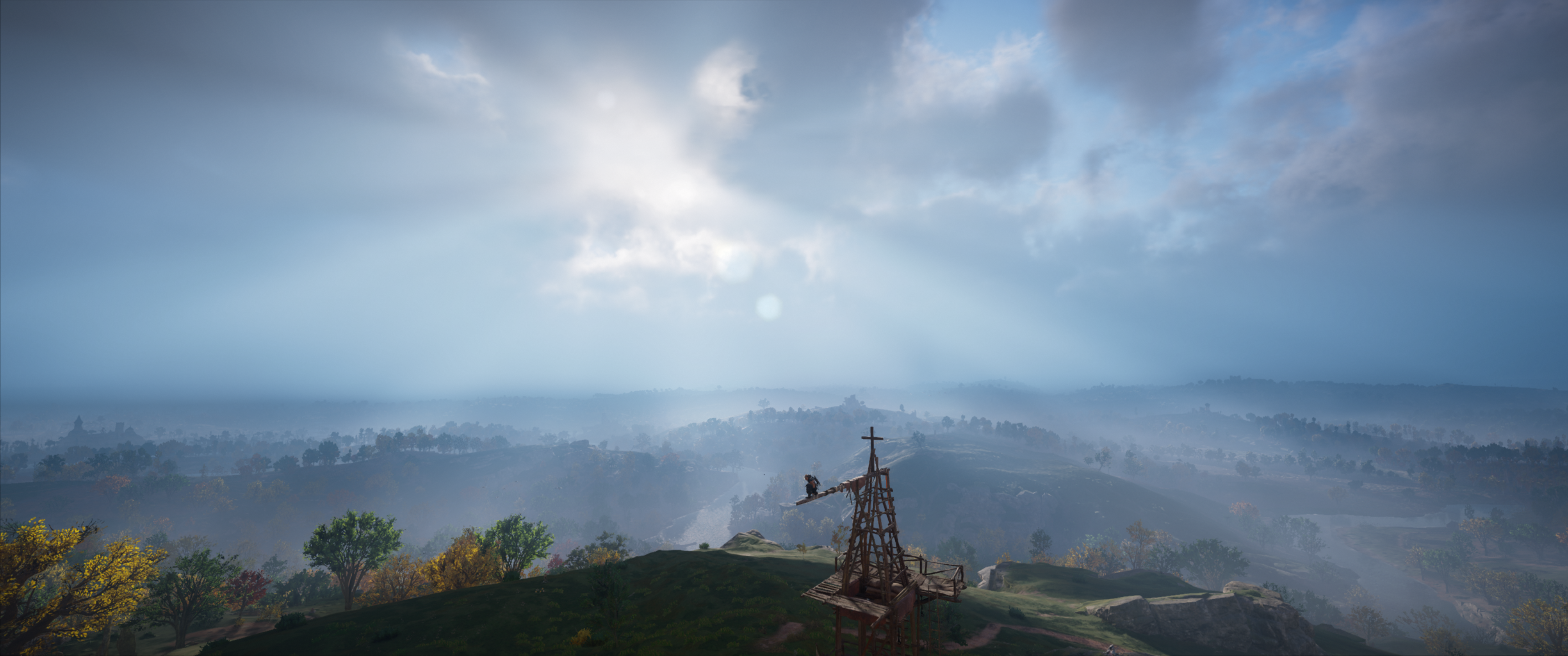 Assassins Creed Assassins Creed Valhalla Landscape Clouds Sun Structure Blue Trees Flag Green Yellow 3440x1440