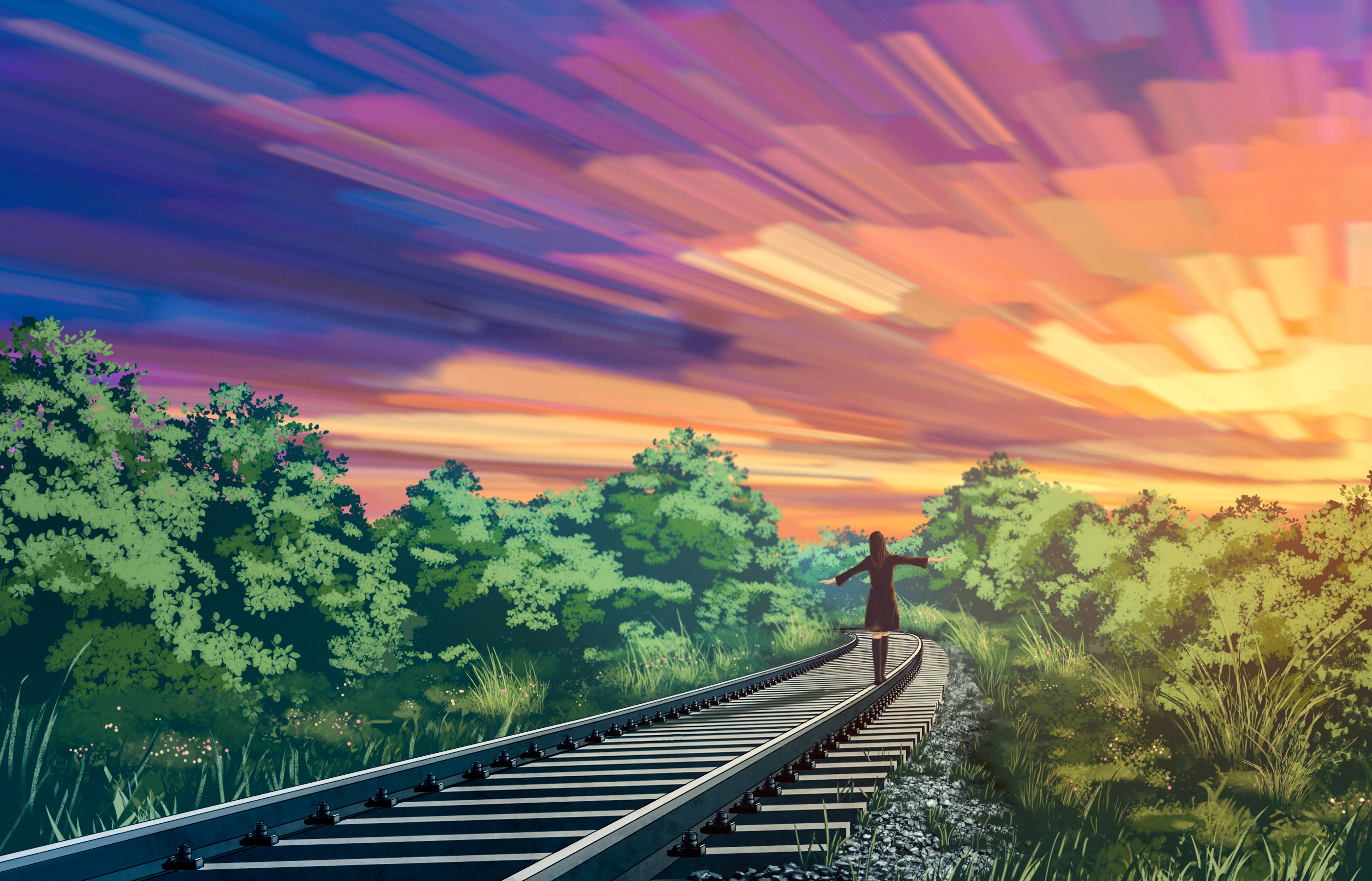 Girl Original Anime Railroad Sunset 2800x1800